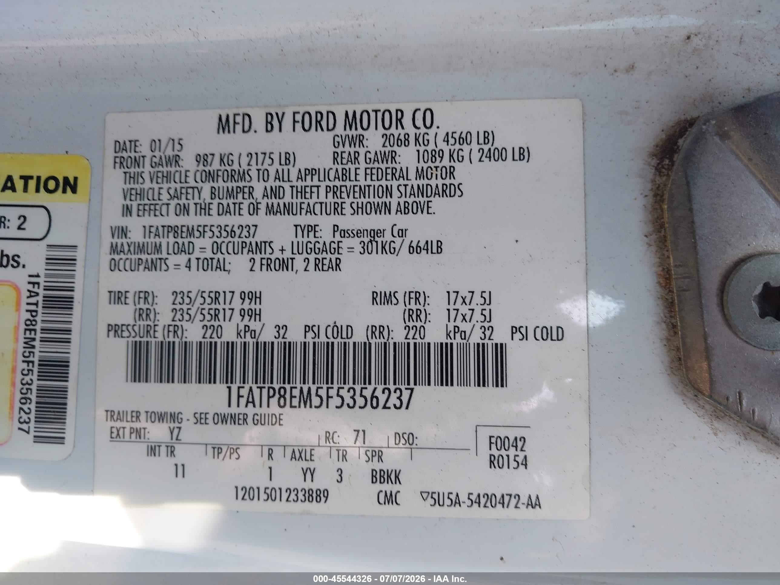 2015 Ford Mustang V6 White vin: 1FATP8EM5F5356237