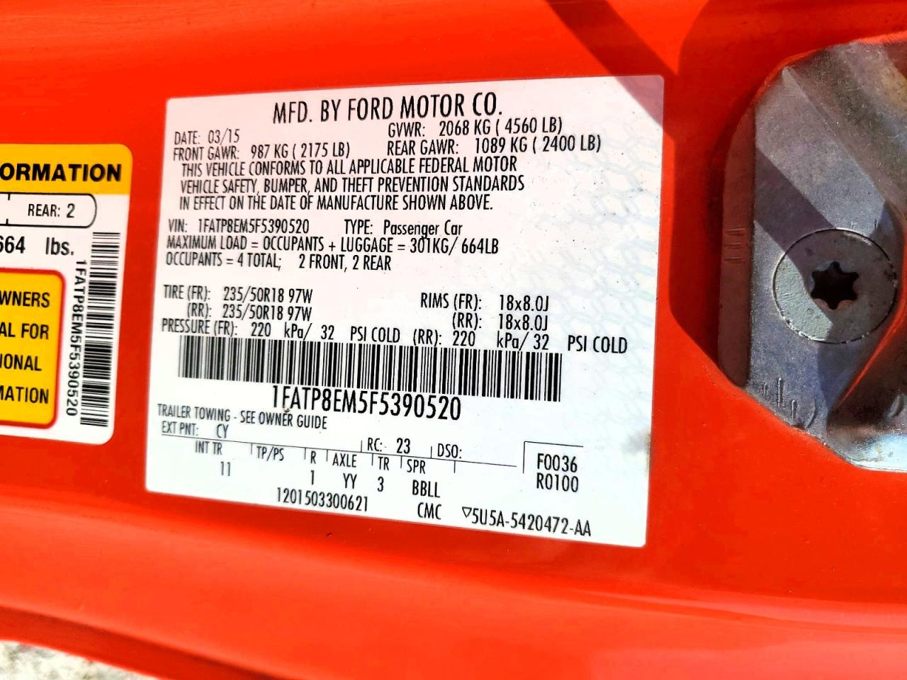 2015 Ford Mustang Orange vin: 1FATP8EM5F5390520