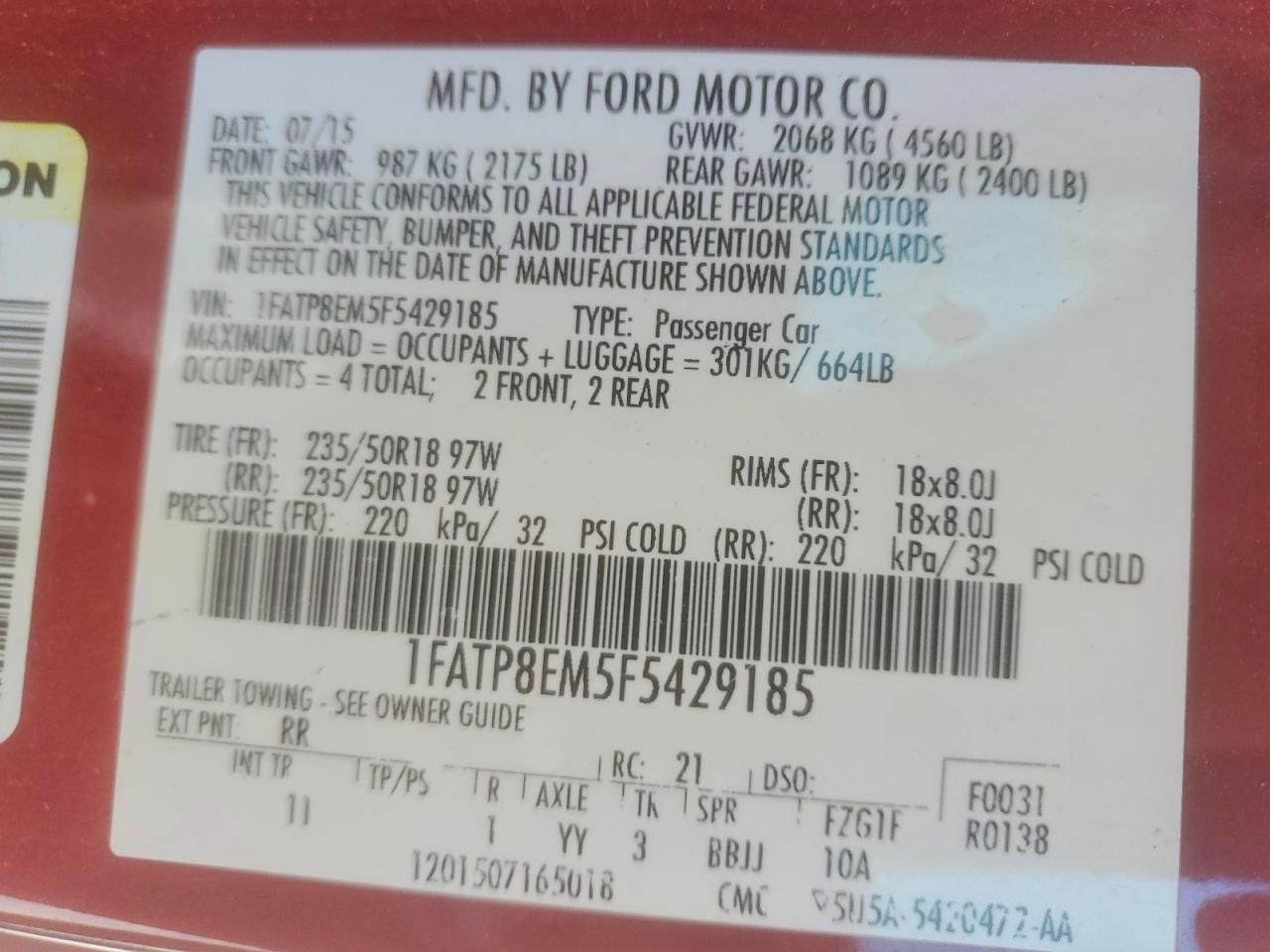 2015 Ford Mustang Red vin: 1FATP8EM5F5429185