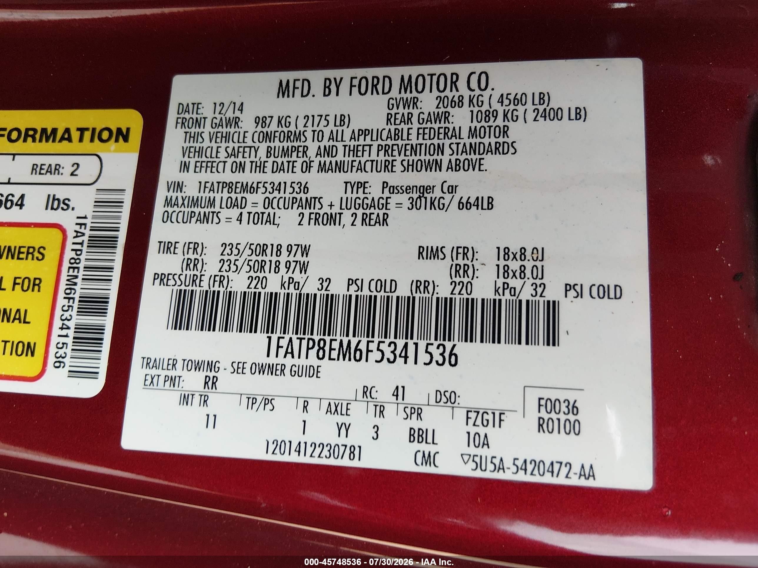 2015 Ford Mustang V6 Красный vin: 1FATP8EM6F5341536