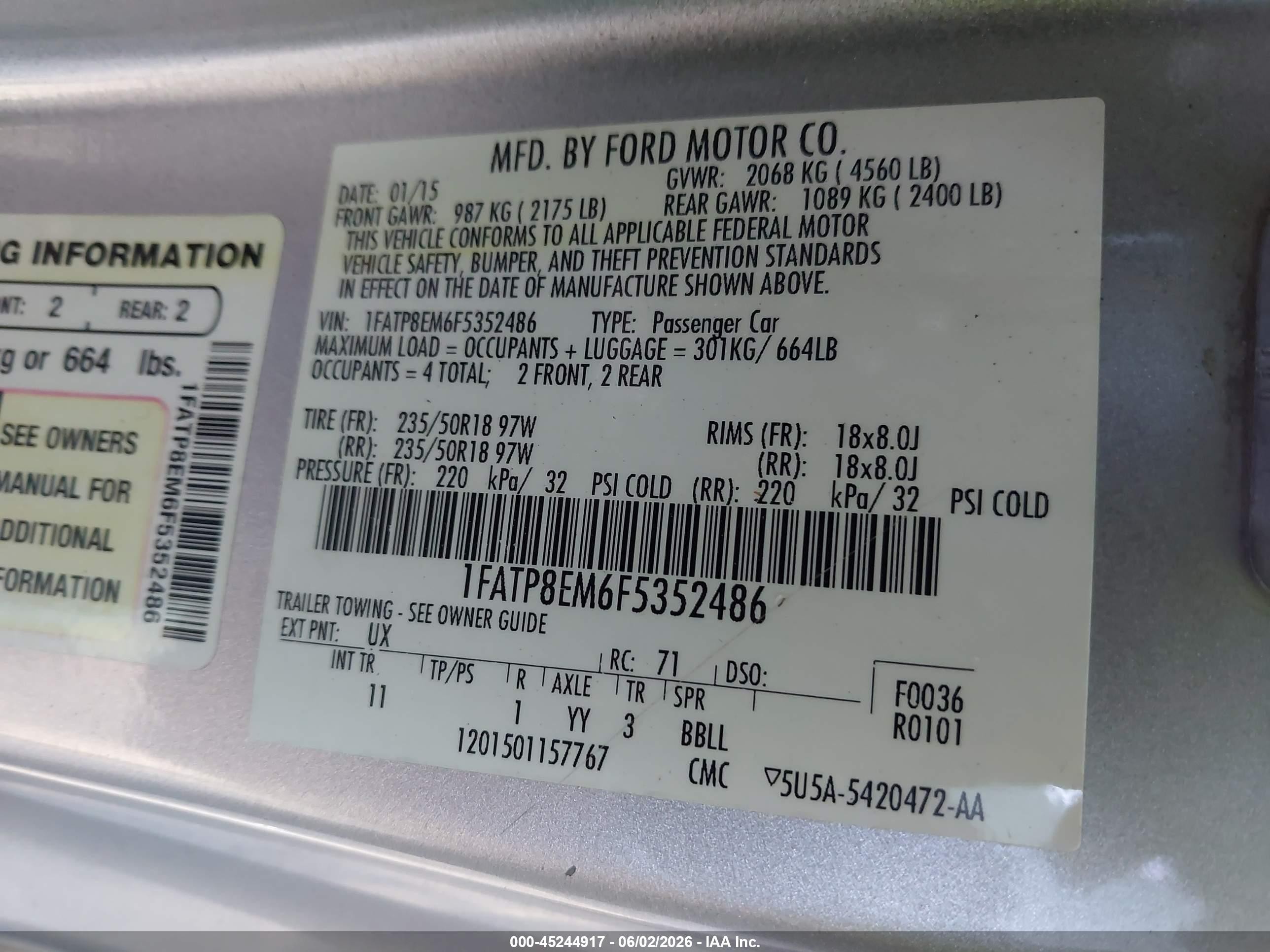 2015 Ford Mustang V6 Silver vin: 1FATP8EM6F5352486