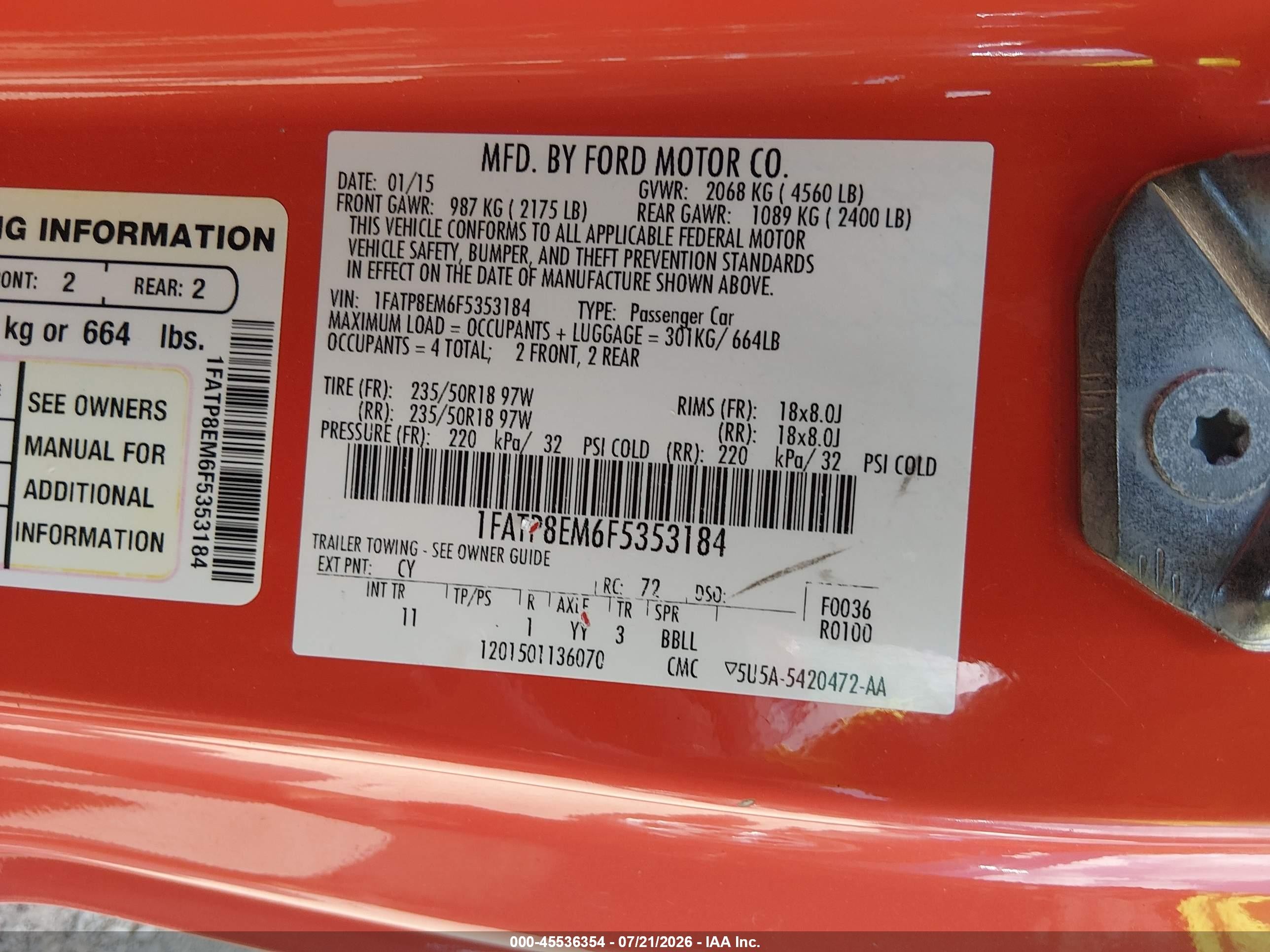 2015 Ford Mustang V6 Orange vin: 1FATP8EM6F5353184