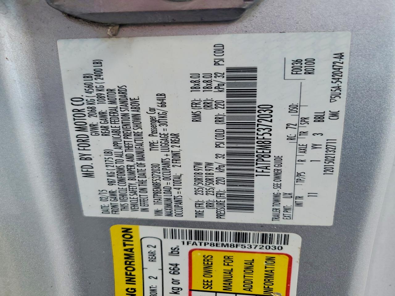 2015 Ford Mustang Silver vin: 1FATP8EM8F5372030
