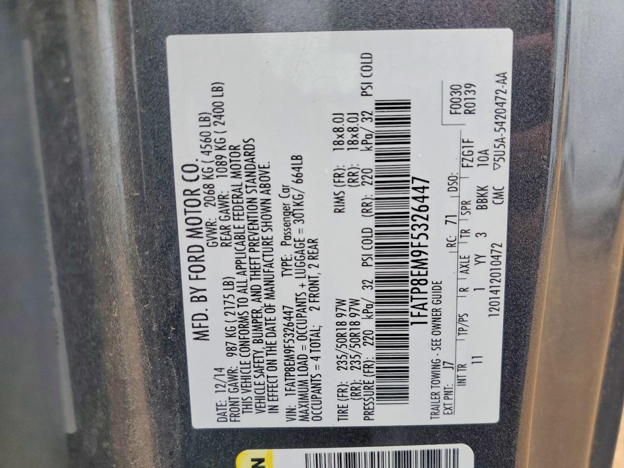 2015 Ford Mustang Угольный vin: 1FATP8EM9F5326447