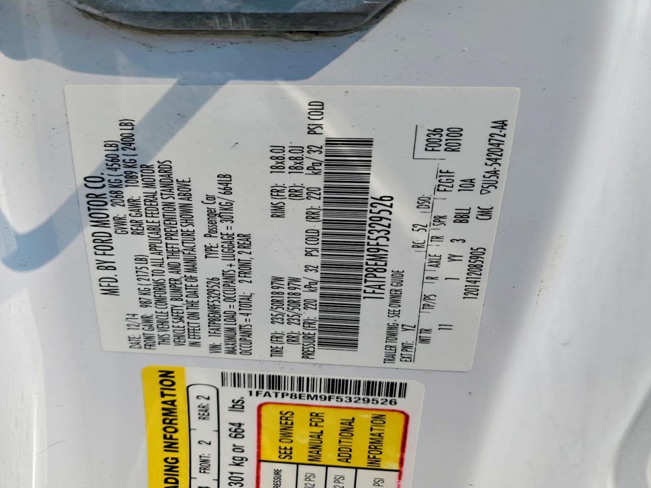 2015 Ford Mustang White vin: 1FATP8EM9F5329526