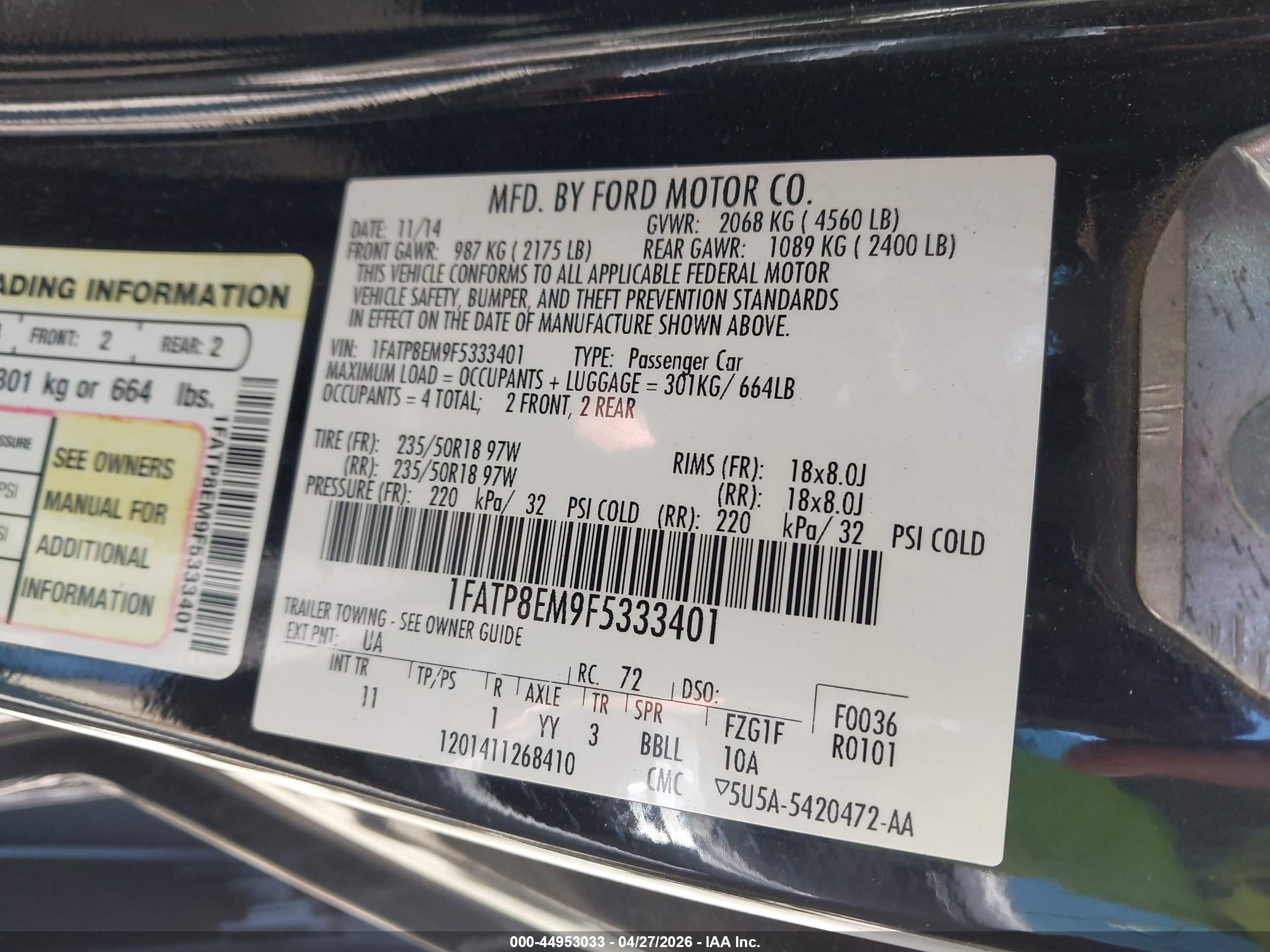 2015 Ford Mustang V6 Black vin: 1FATP8EM9F5333401