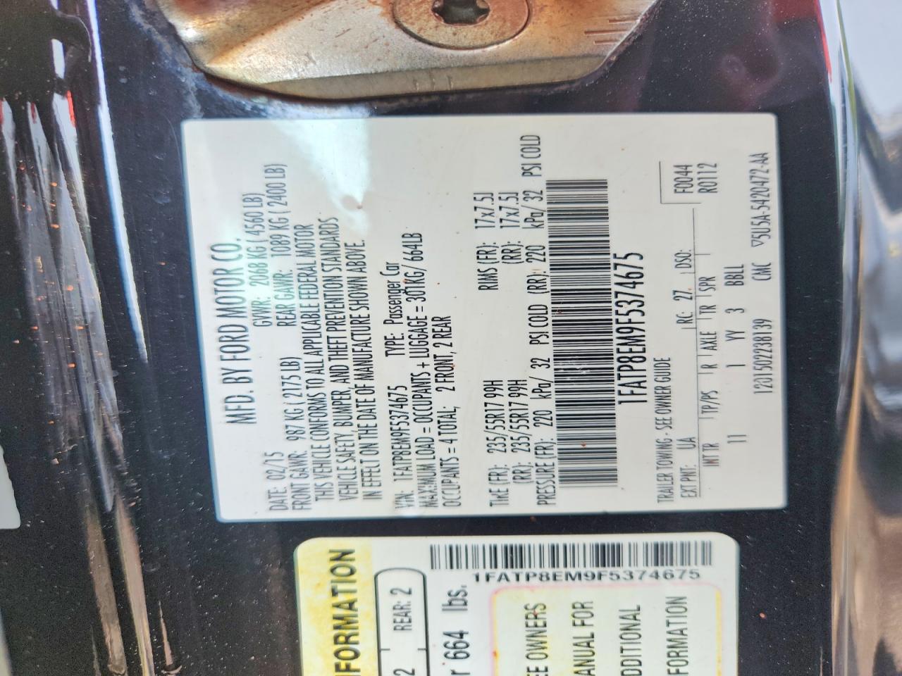 2015 Ford Mustang Black vin: 1FATP8EM9F5374675