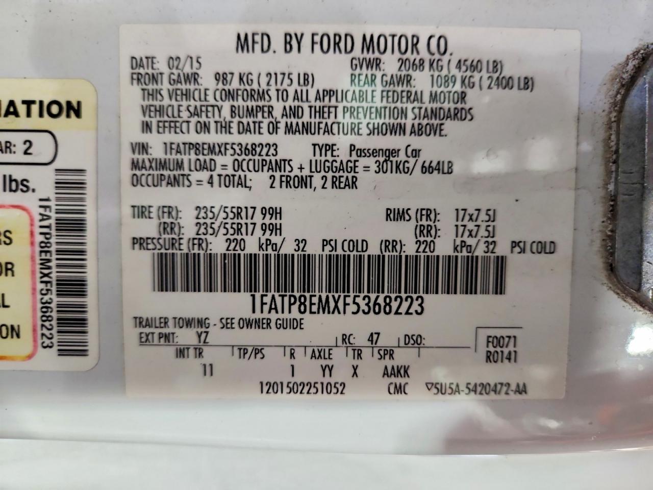 2015 Ford Mustang White vin: 1FATP8EMXF5368223