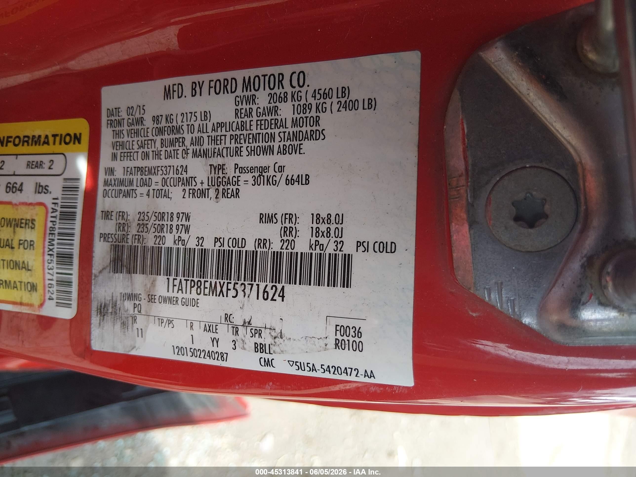 2015 Ford Mustang V6 Red vin: 1FATP8EMXF5371624