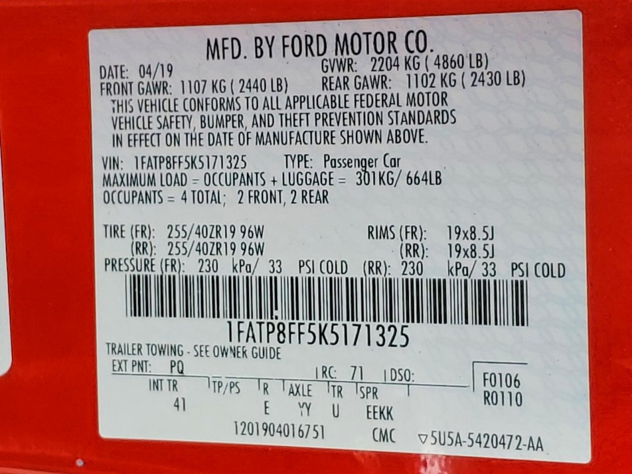 2019 Ford Mustang Gt Red vin: 1FATP8FF5K5171325