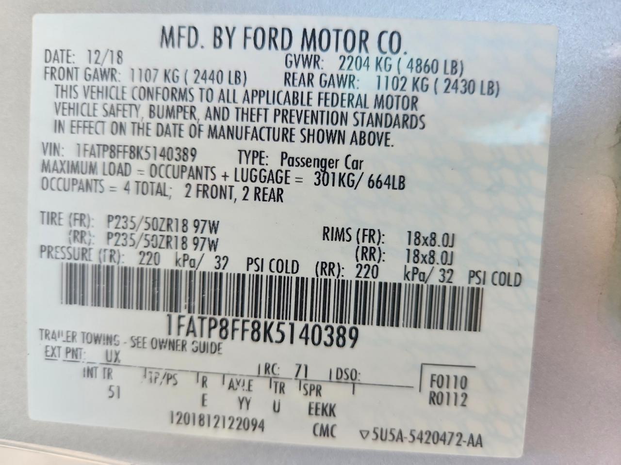 2019 Ford Mustang Gt Silver vin: 1FATP8FF8K5140389