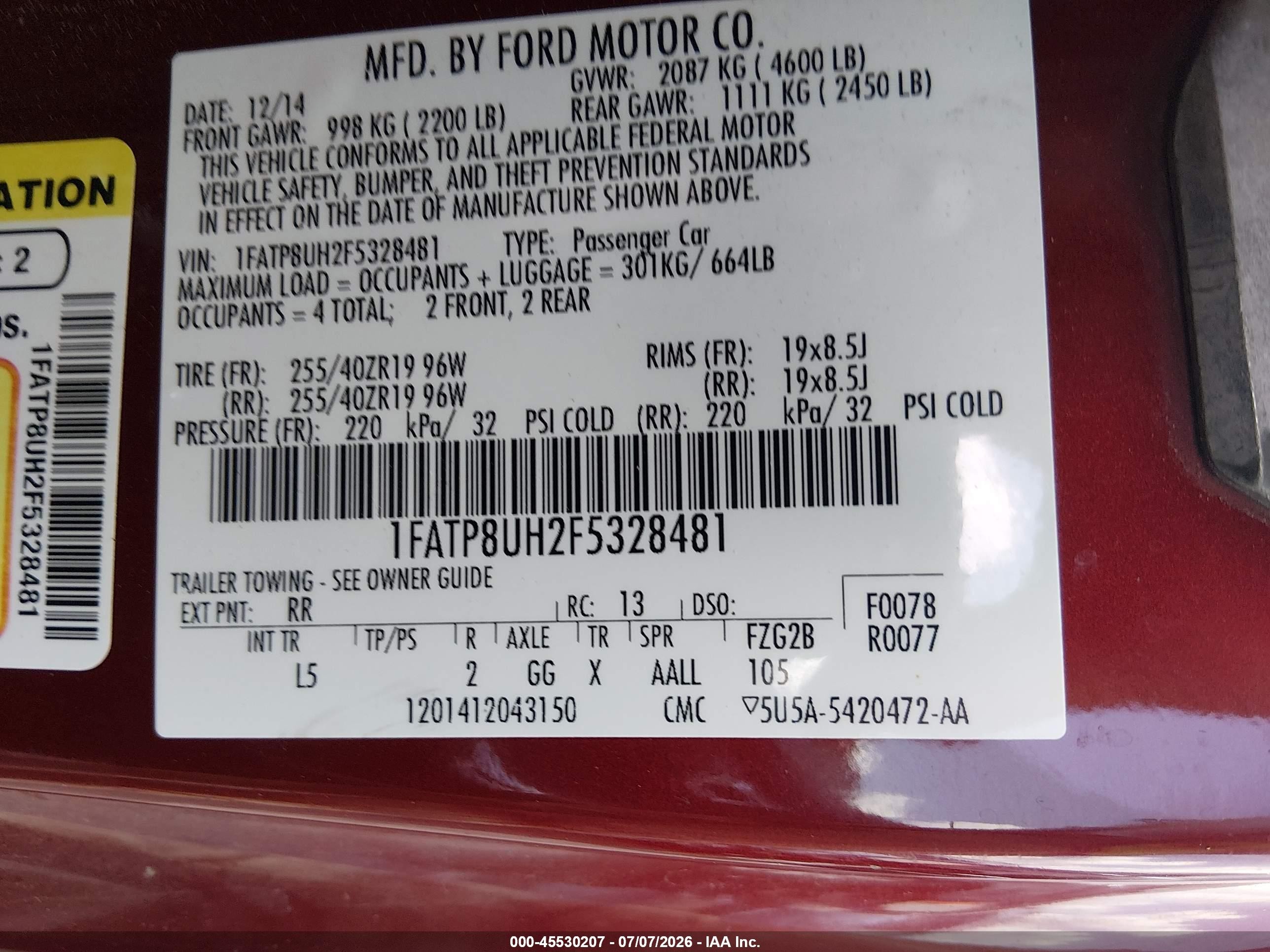 2015 Ford Mustang Ecoboost Premium Red vin: 1FATP8UH2F5328481