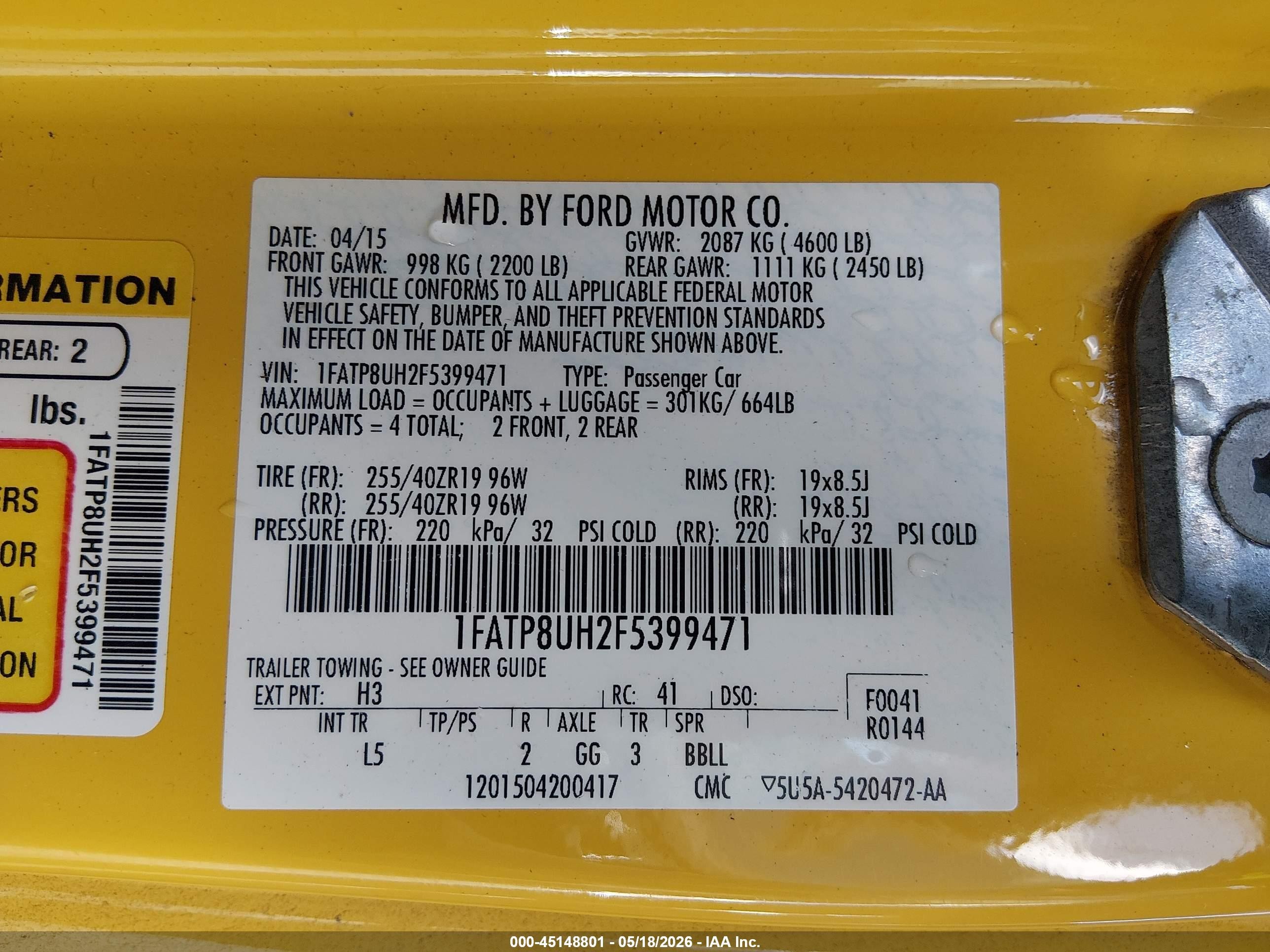 2015 Ford Mustang Ecoboost Premium Желтый vin: 1FATP8UH2F5399471