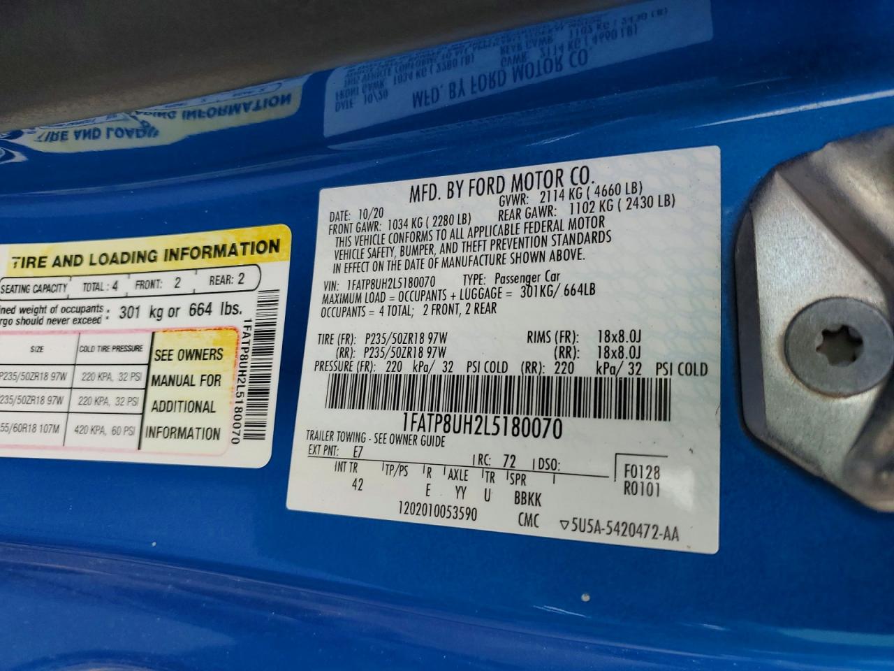 2020 Ford Mustang Blue vin: 1FATP8UH2L5180070