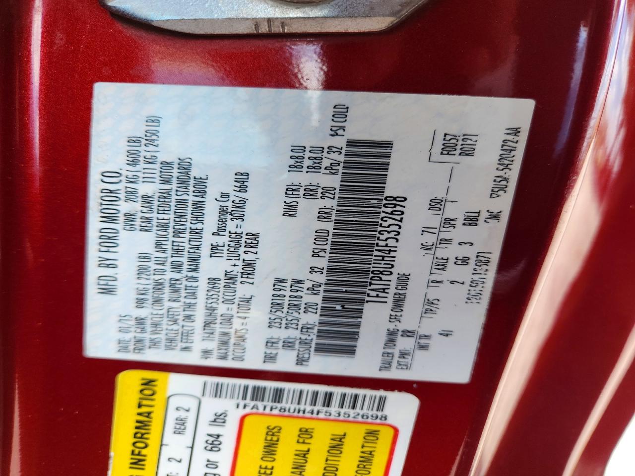 2015 Ford Mustang Red vin: 1FATP8UH4F5352698