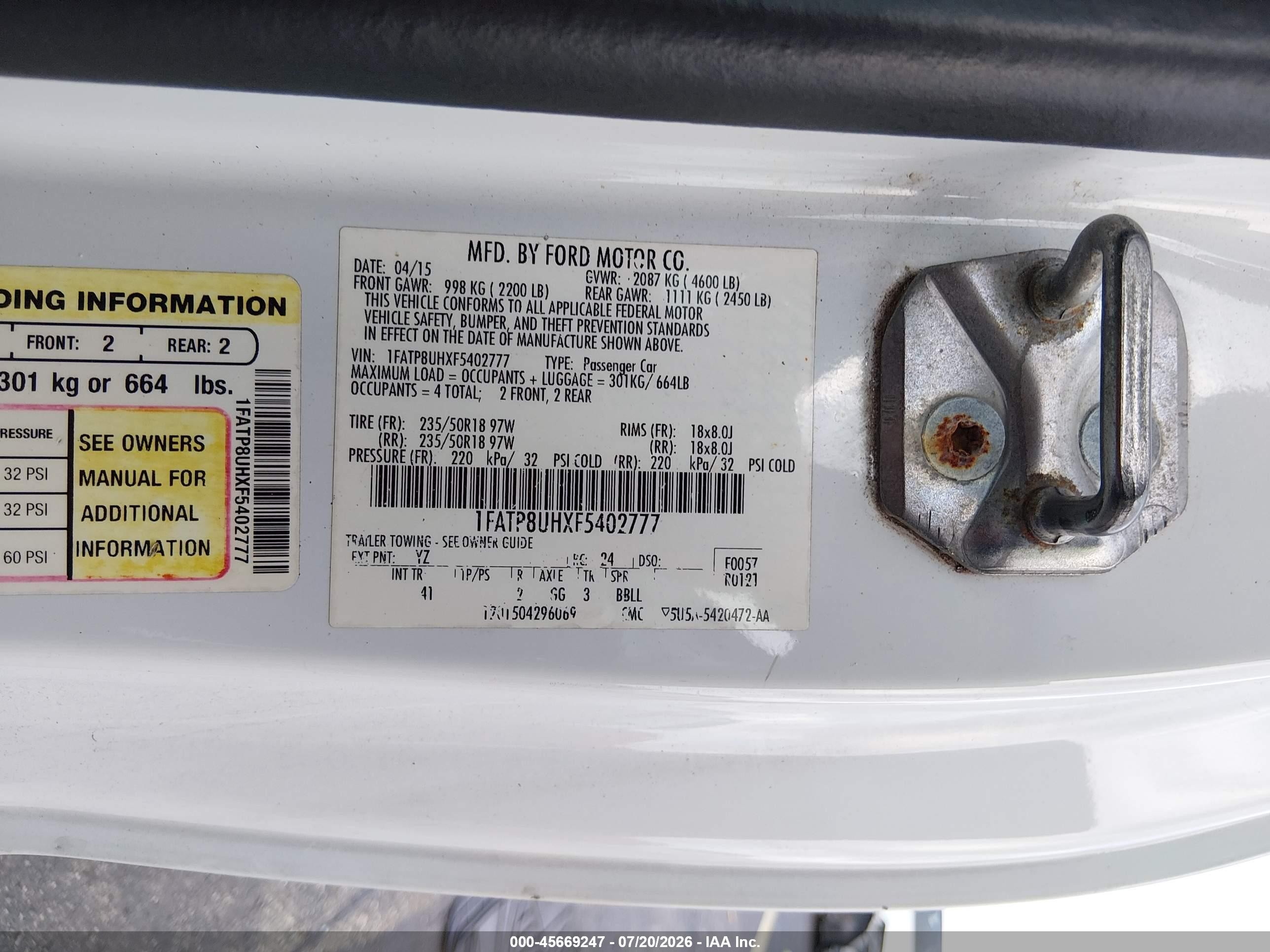 2015 Ford Mustang Ecoboost Premium White vin: 1FATP8UHXF5402777