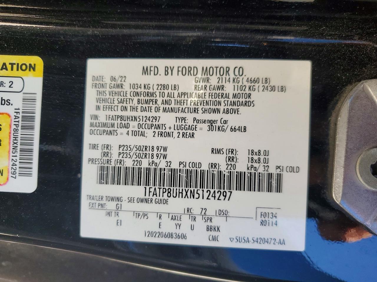 2022 Ford Mustang Black vin: 1FATP8UHXN5124297