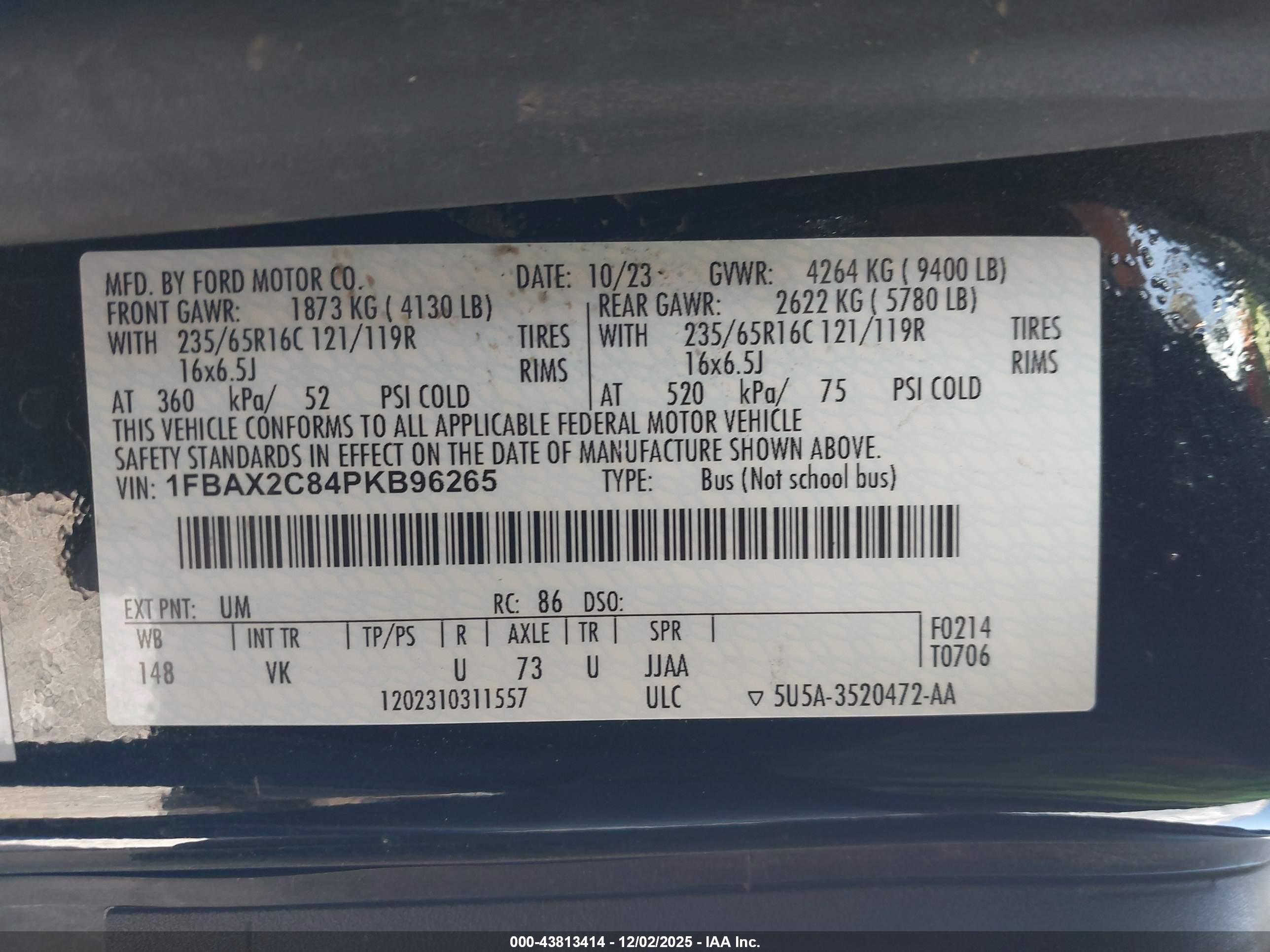 2024 Ford Van Black vin: 1FBAX2C84PKB96265