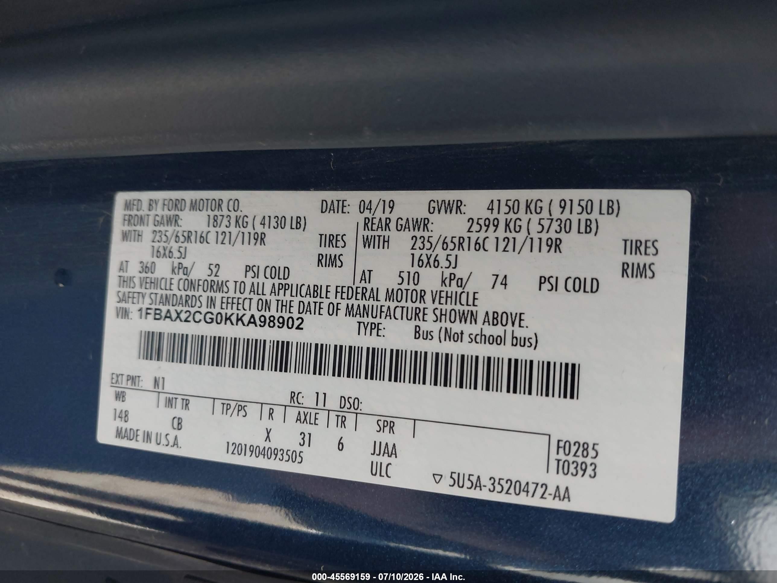 2019 Ford Transit-350 Xl/xlt Dark Blue vin: 1FBAX2CG0KKA98902