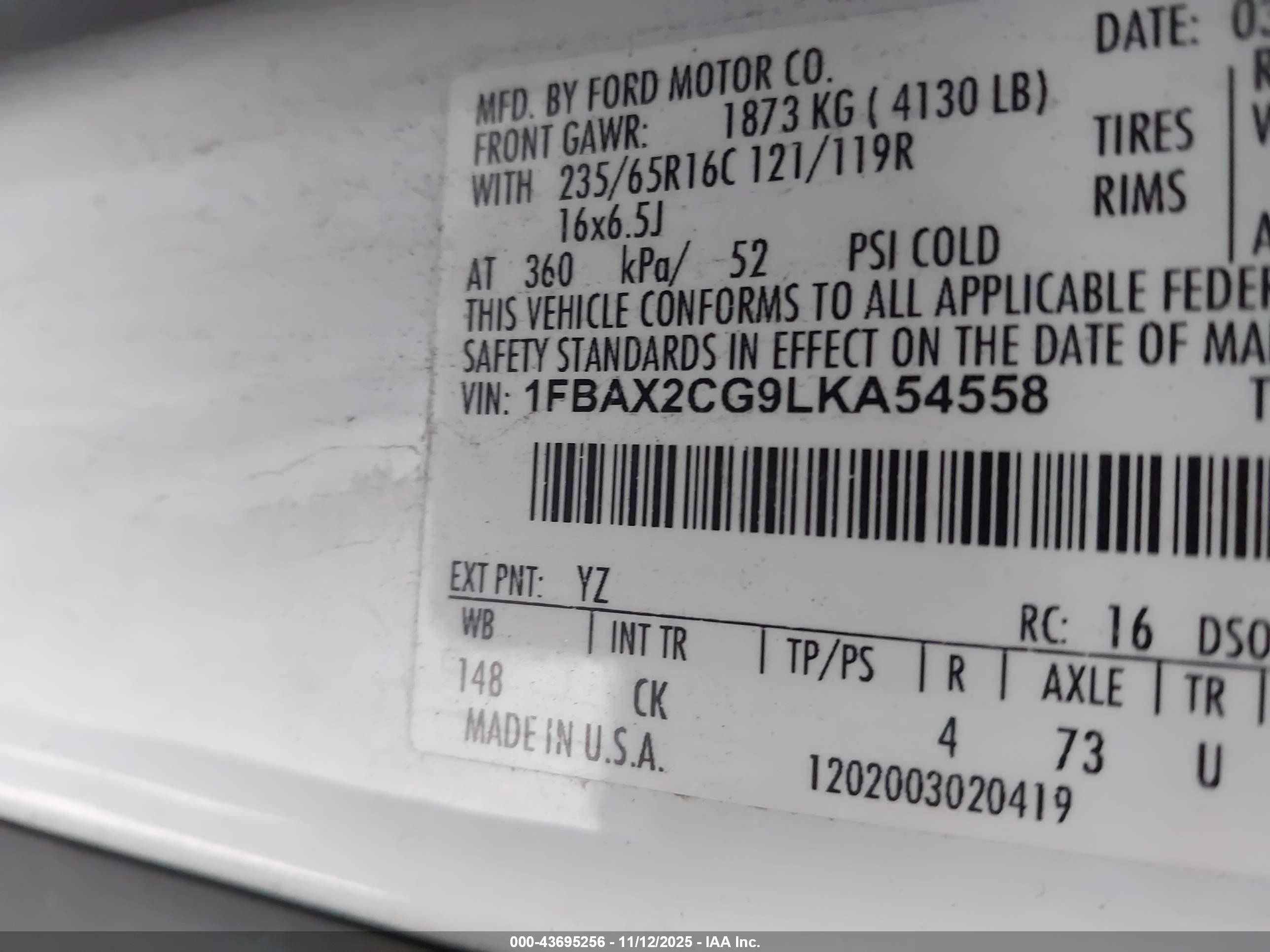 2020 Ford Transit-350 Passenger Van Xlt White vin: 1FBAX2CG9LKA54558
