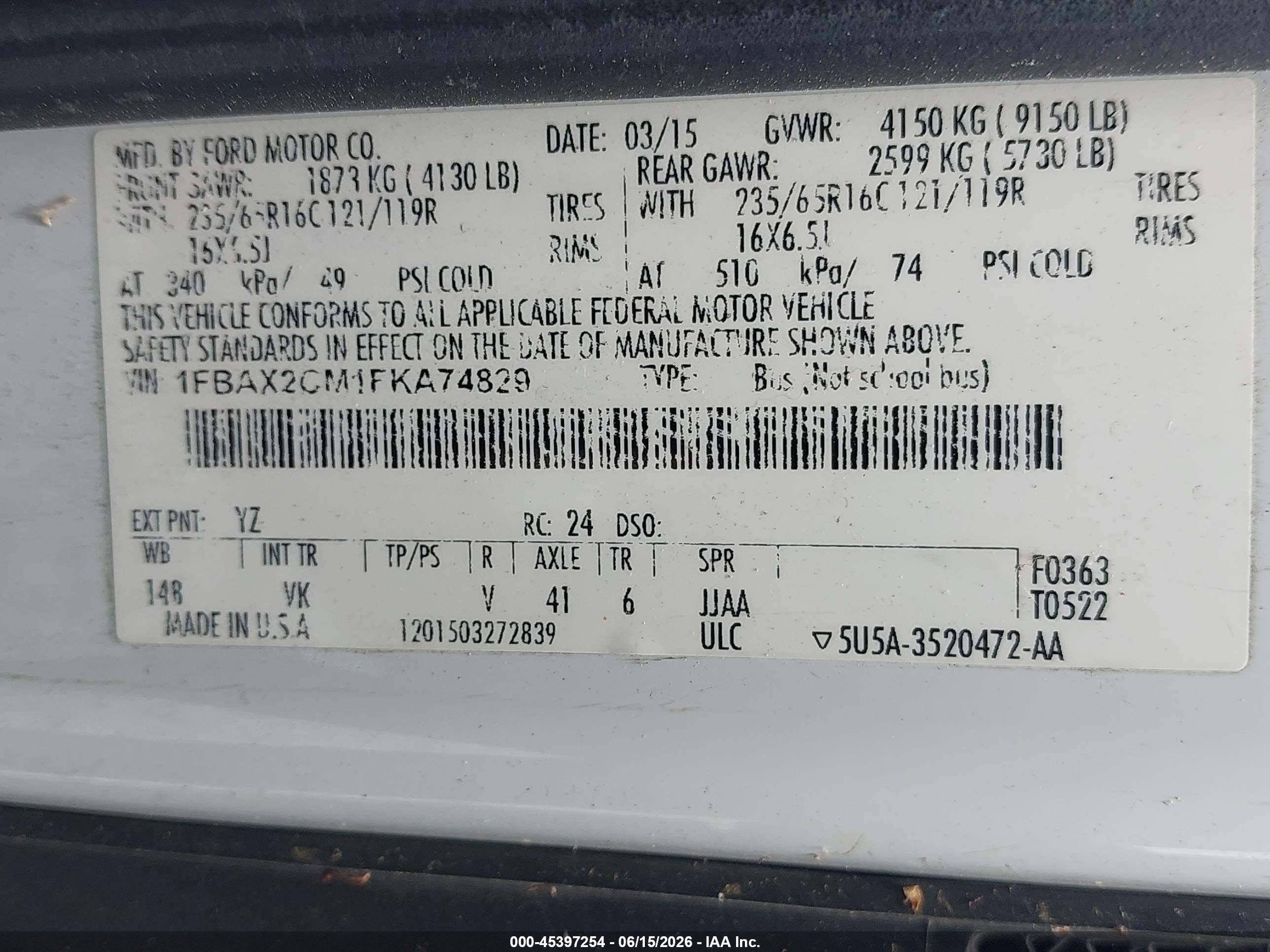 2015 Ford Transit-350 Xl/xlt White vin: 1FBAX2CM1FKA74829