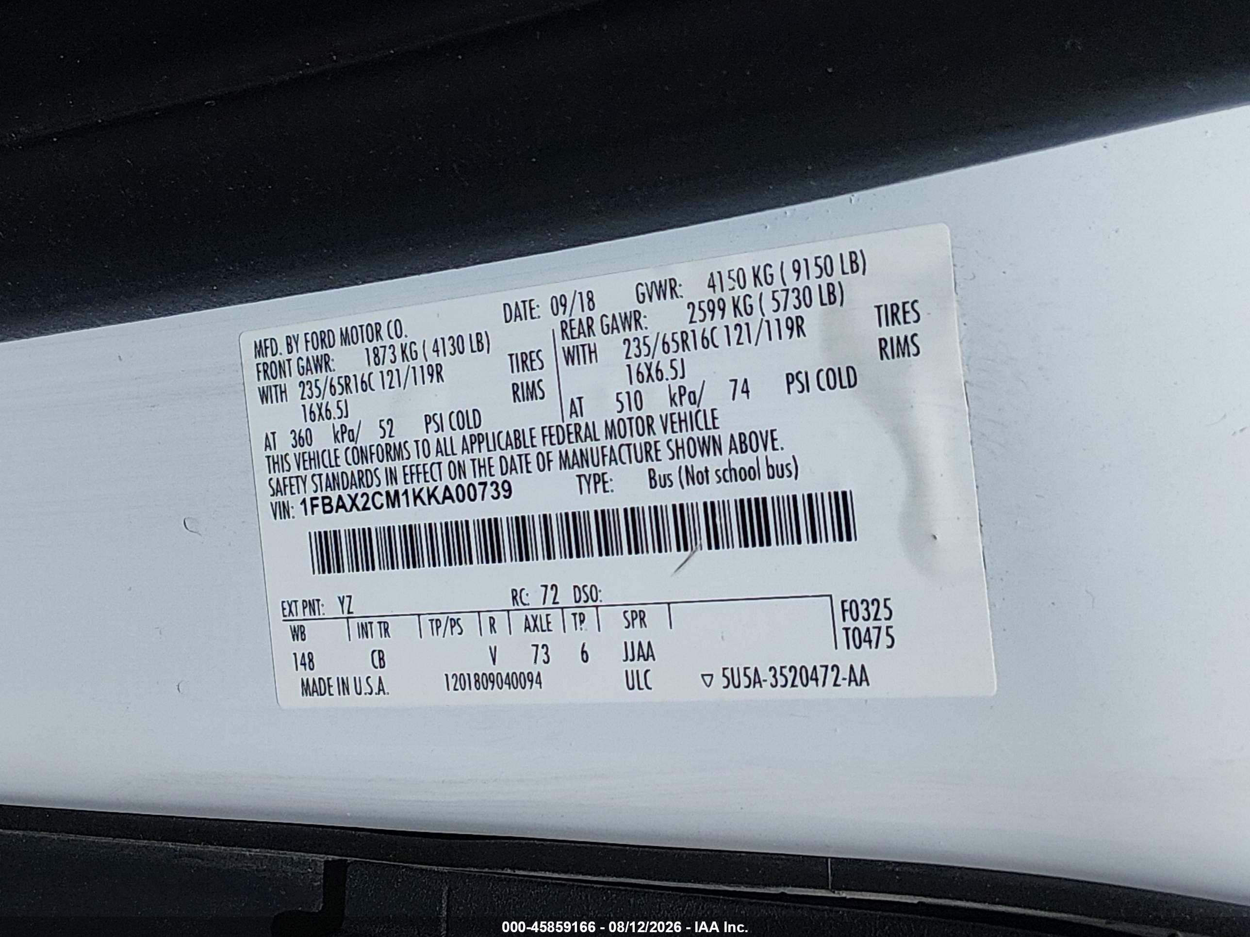 2019 Ford Transit-350 Xlt White vin: 1FBAX2CM1KKA00739