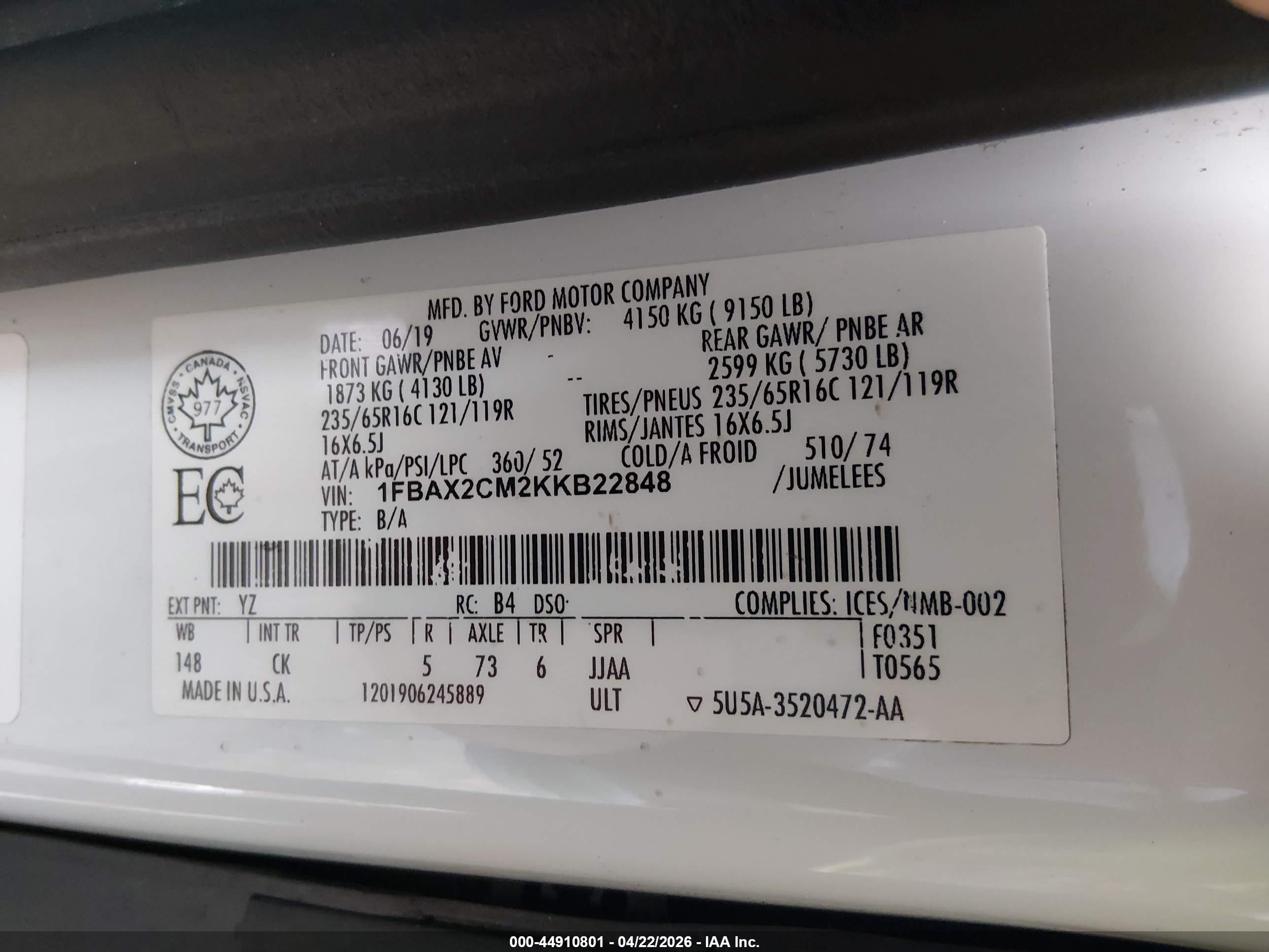 2019 Ford Transit-350 Xl White vin: 1FBAX2CM2KKB22848