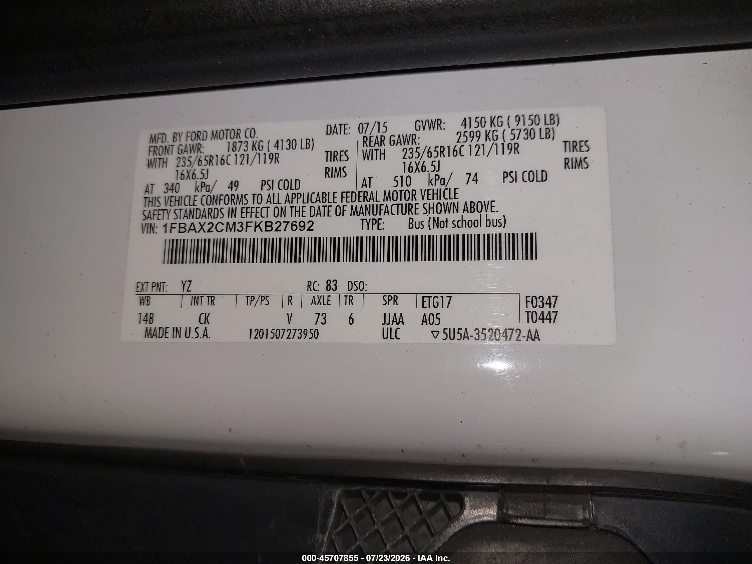 2015 Ford Transit-350 Xlt White vin: 1FBAX2CM3FKB27692