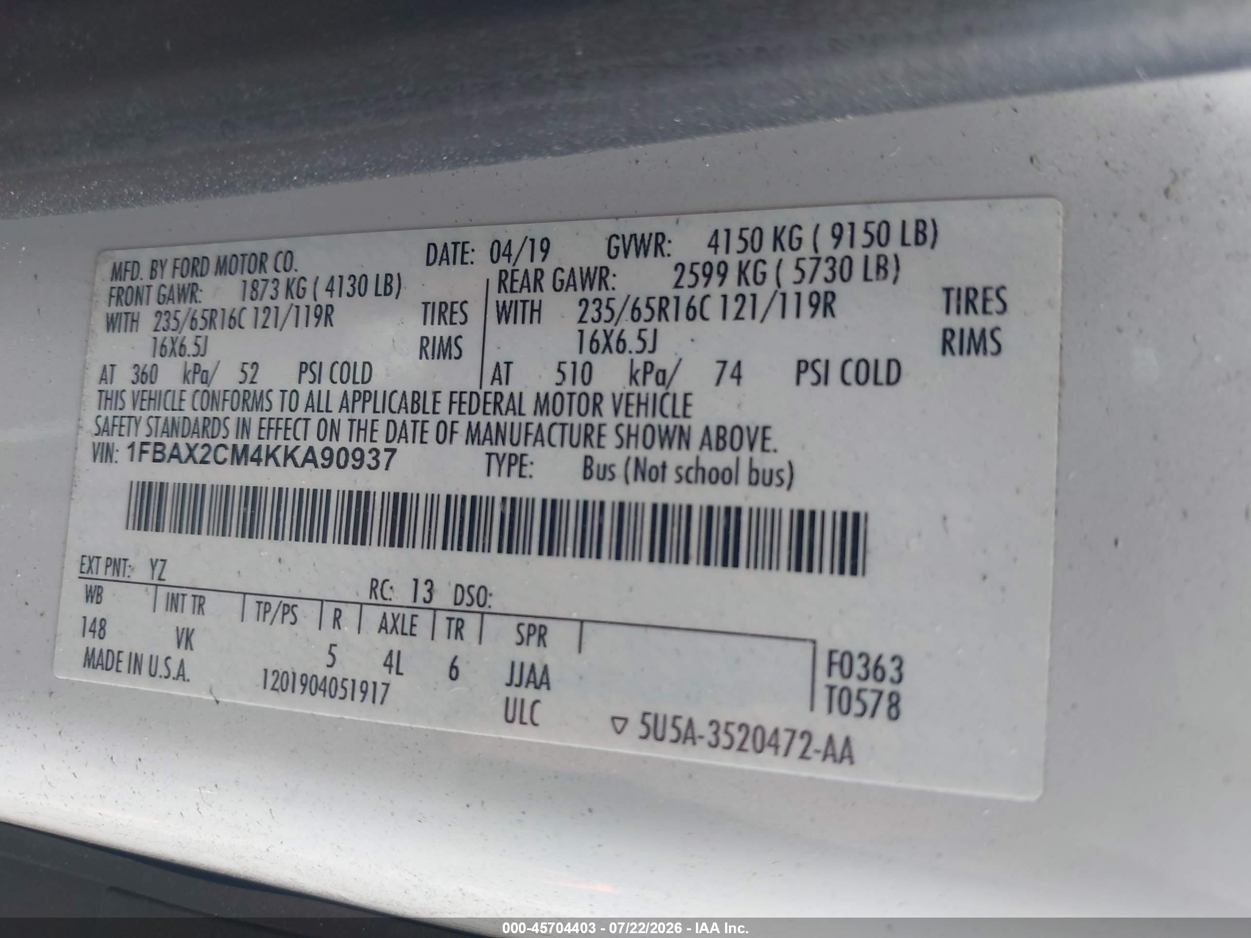 2019 Ford Transit-350 Xl White vin: 1FBAX2CM4KKA90937