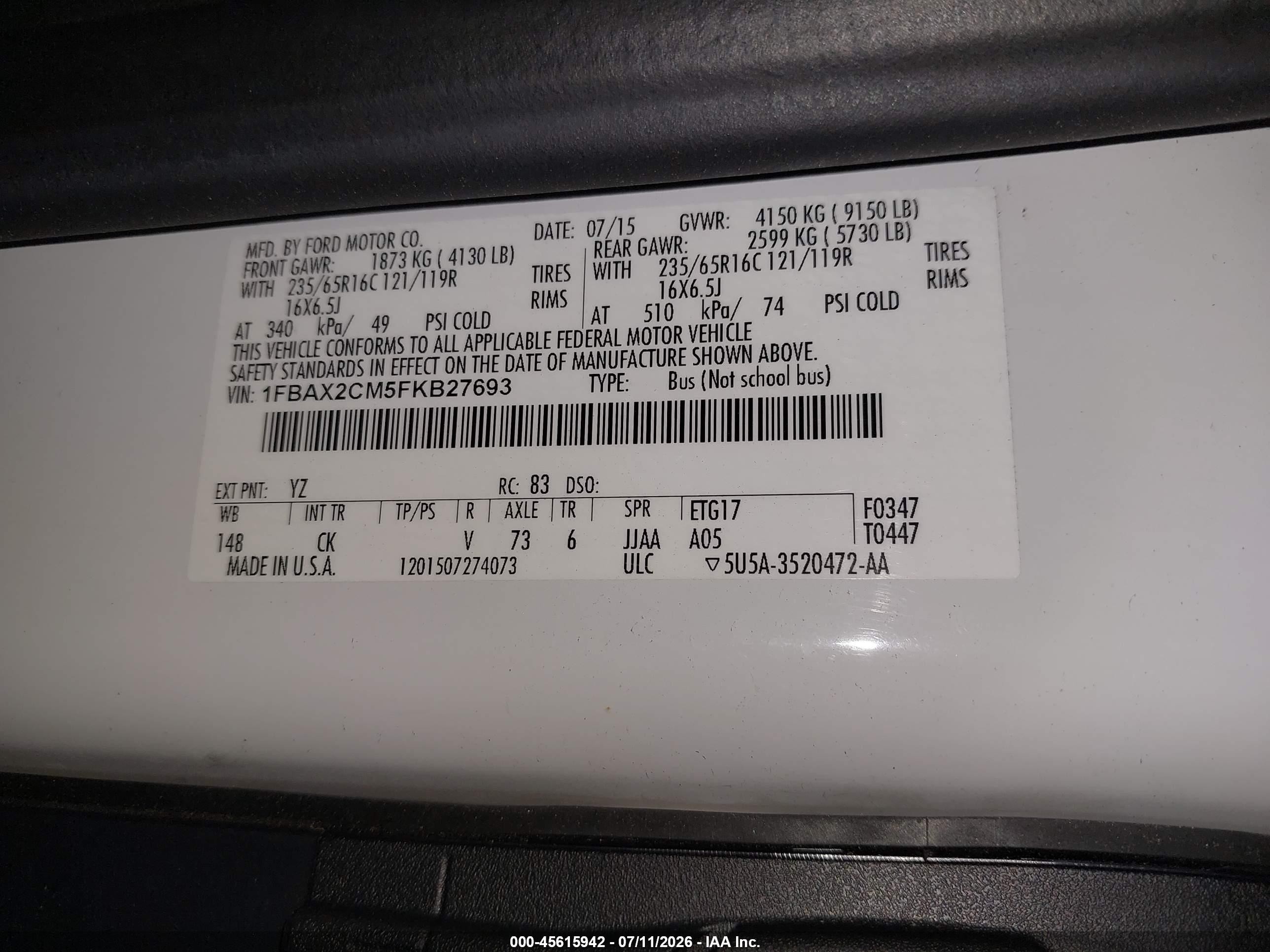 2015 Ford Transit-350 Xlt White vin: 1FBAX2CM5FKB27693