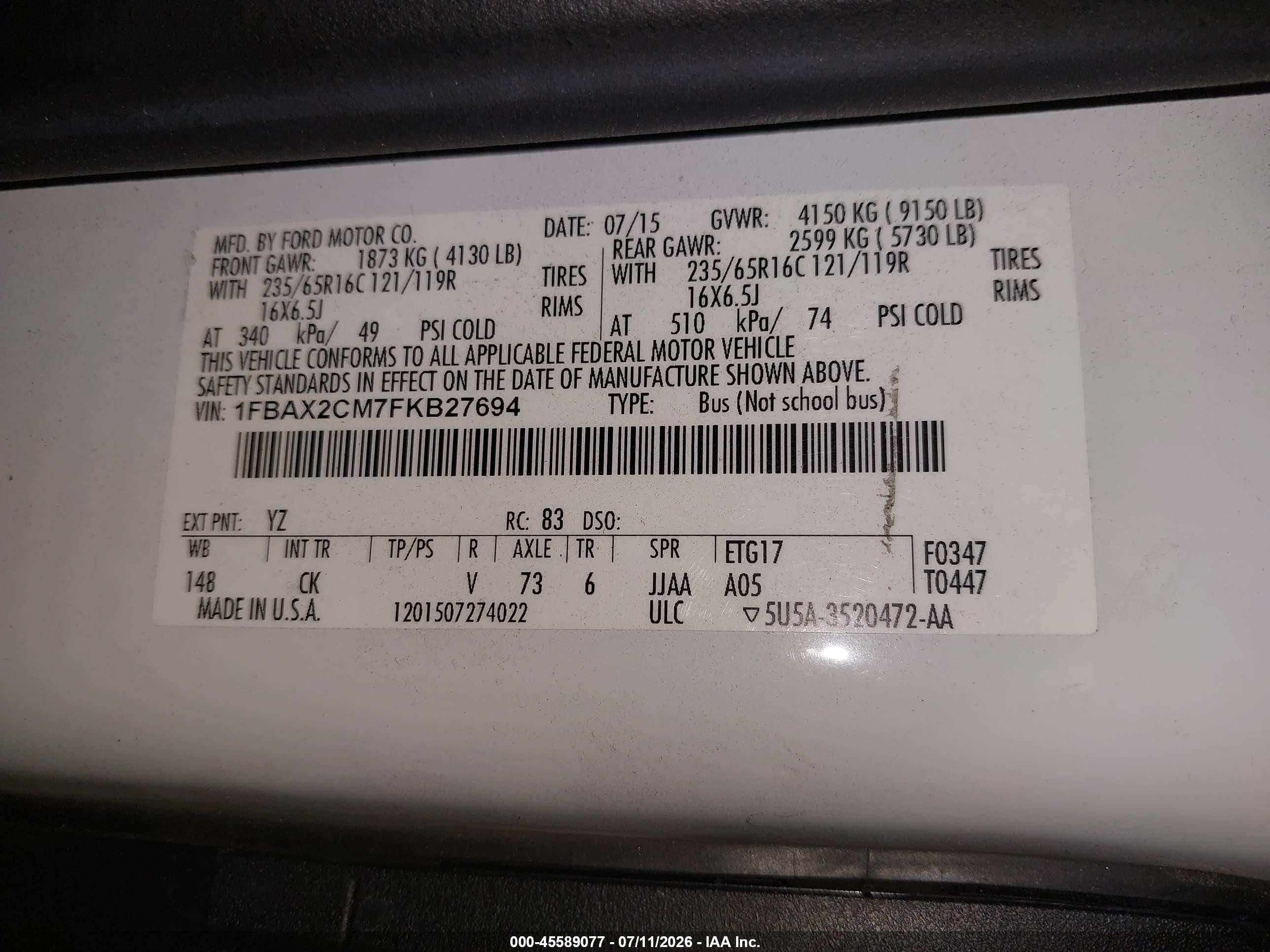 2015 Ford Transit-350 Xlt White vin: 1FBAX2CM7FKB27694
