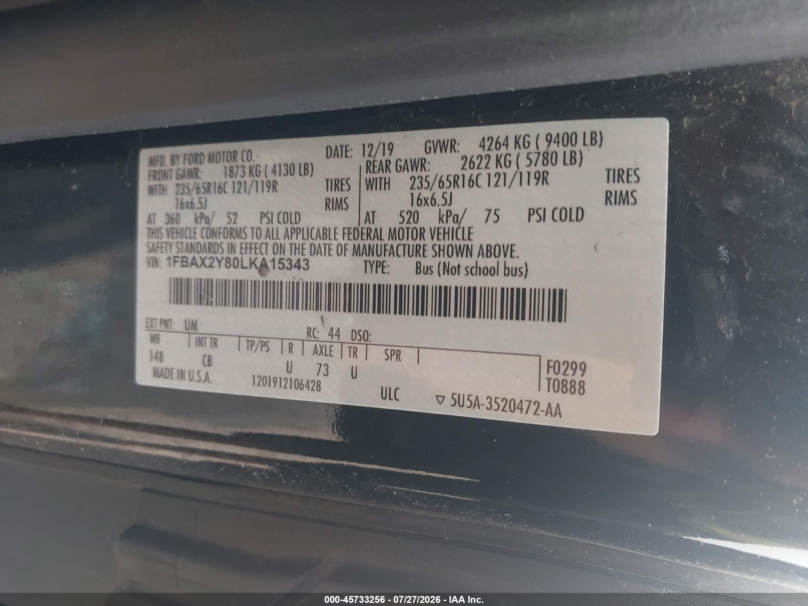2020 Ford Transit-350 Passenger Van Xl Black vin: 1FBAX2Y80LKA15343