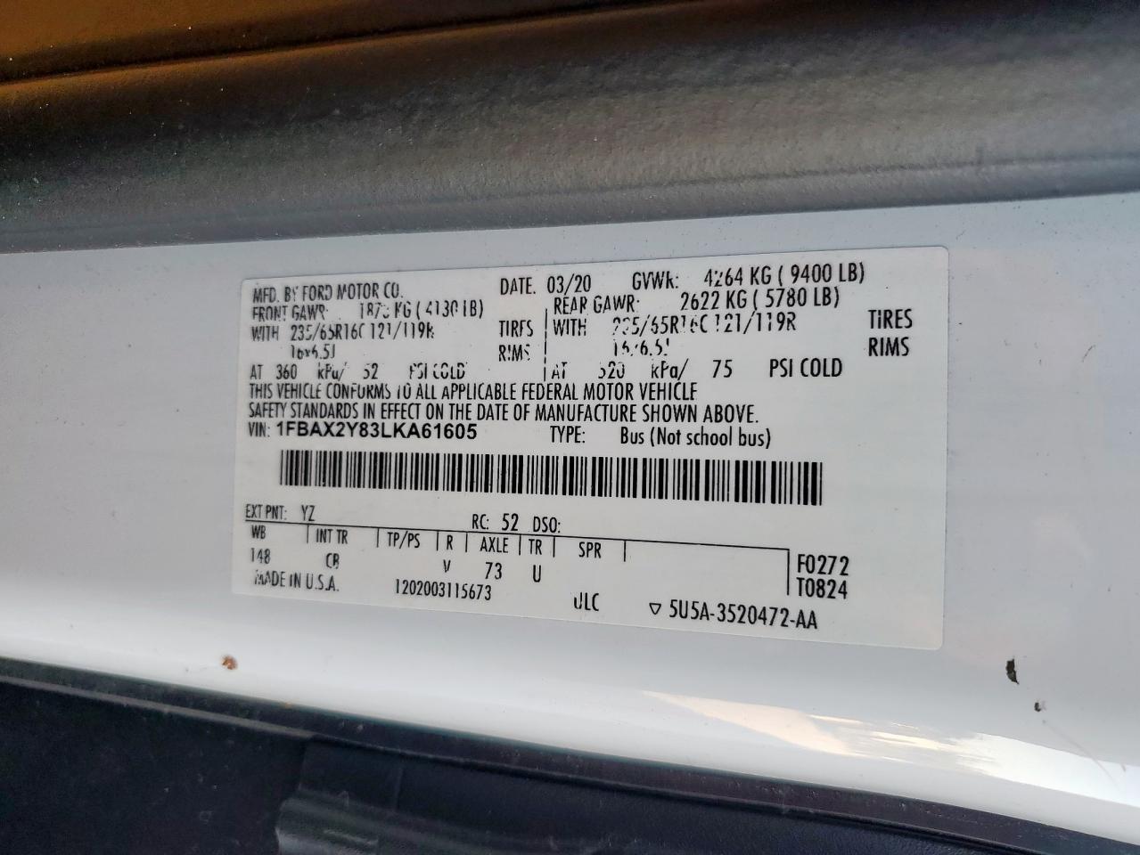 2020 Ford Transit Passenger Wa Белый vin: 1FBAX2Y83LKA61605