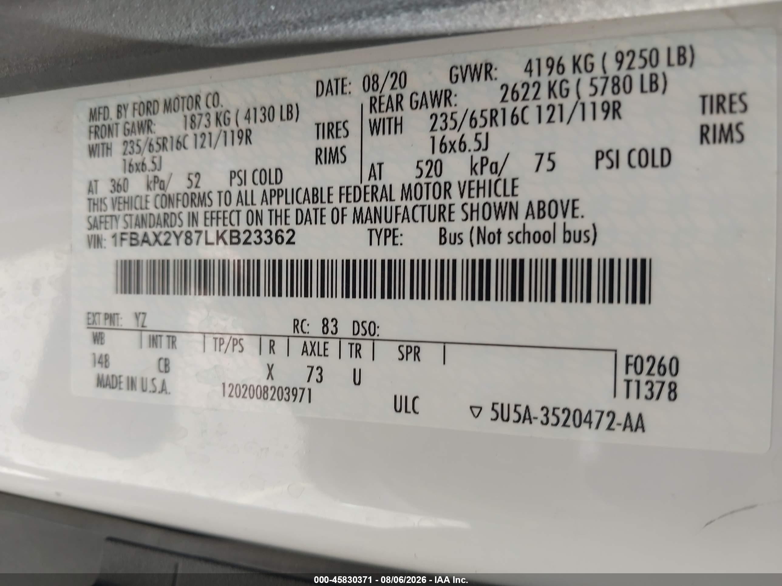 2020 Ford Transit-350 Passenger Van Xl White vin: 1FBAX2Y87LKB23362