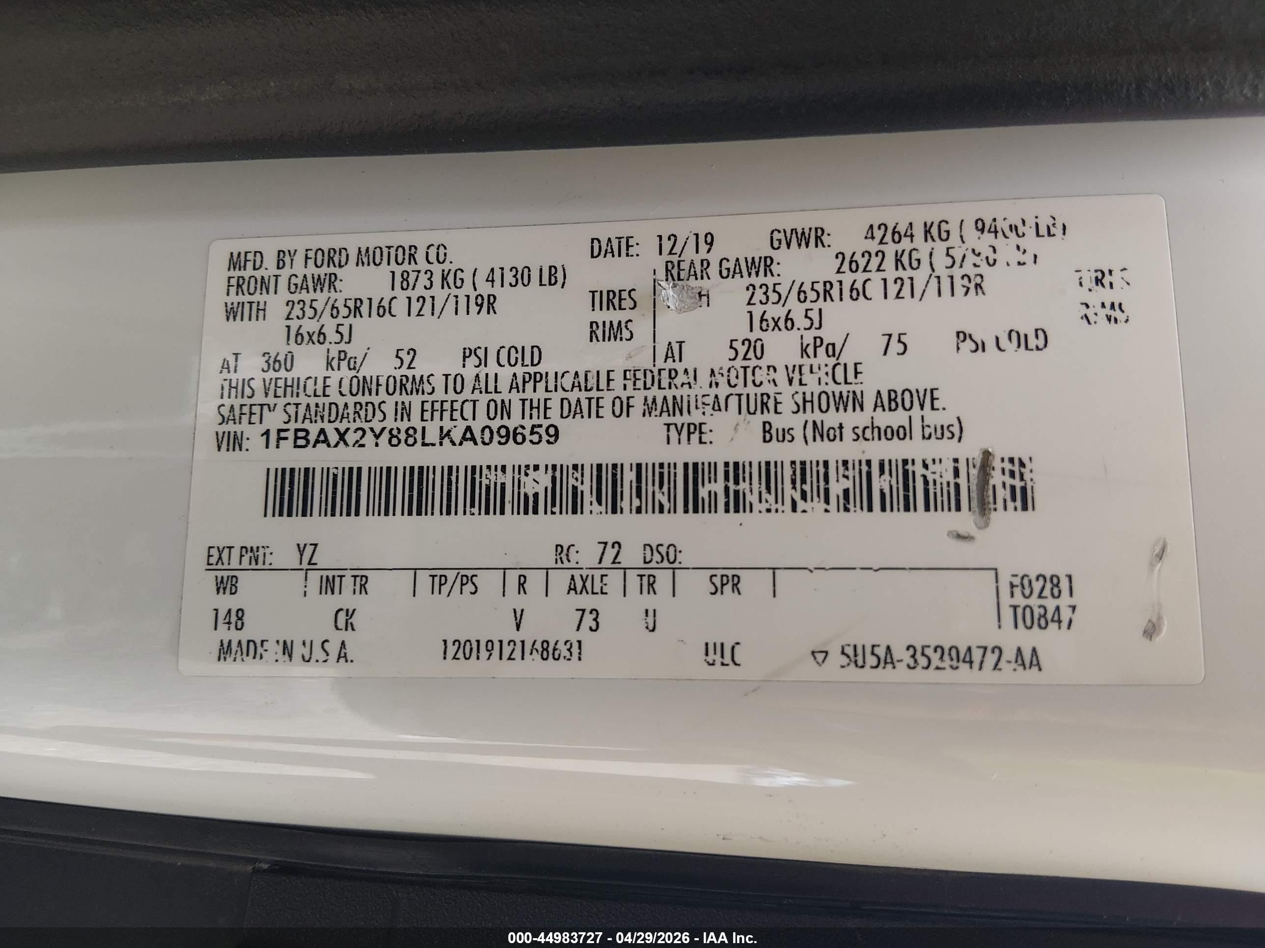 2020 Ford Transit-350 Passenger Van Xlt White vin: 1FBAX2Y88LKA09659