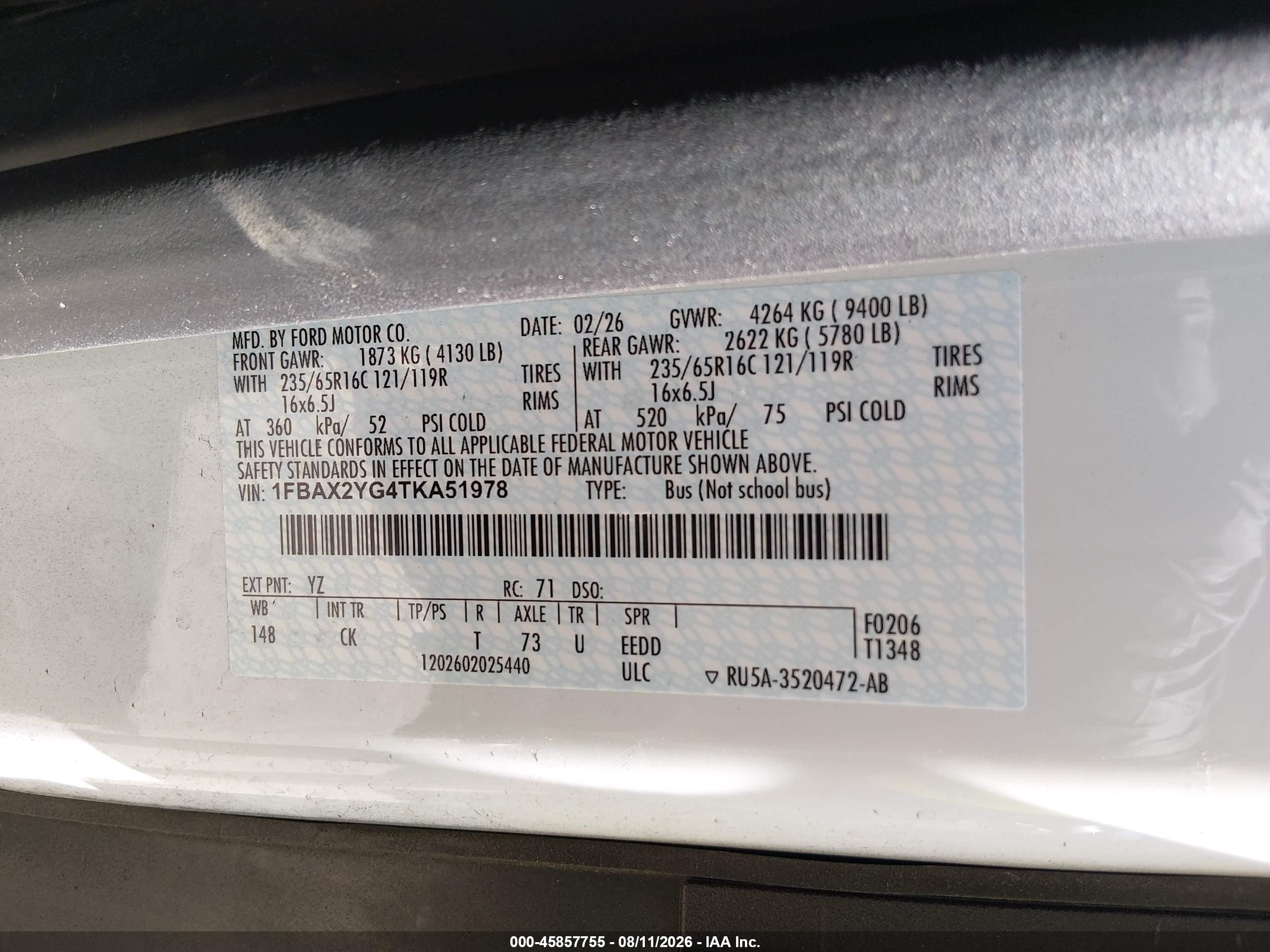 2026 Ford Transit-350 Passenger Van Xlt White vin: 1FBAX2YG4TKA51978