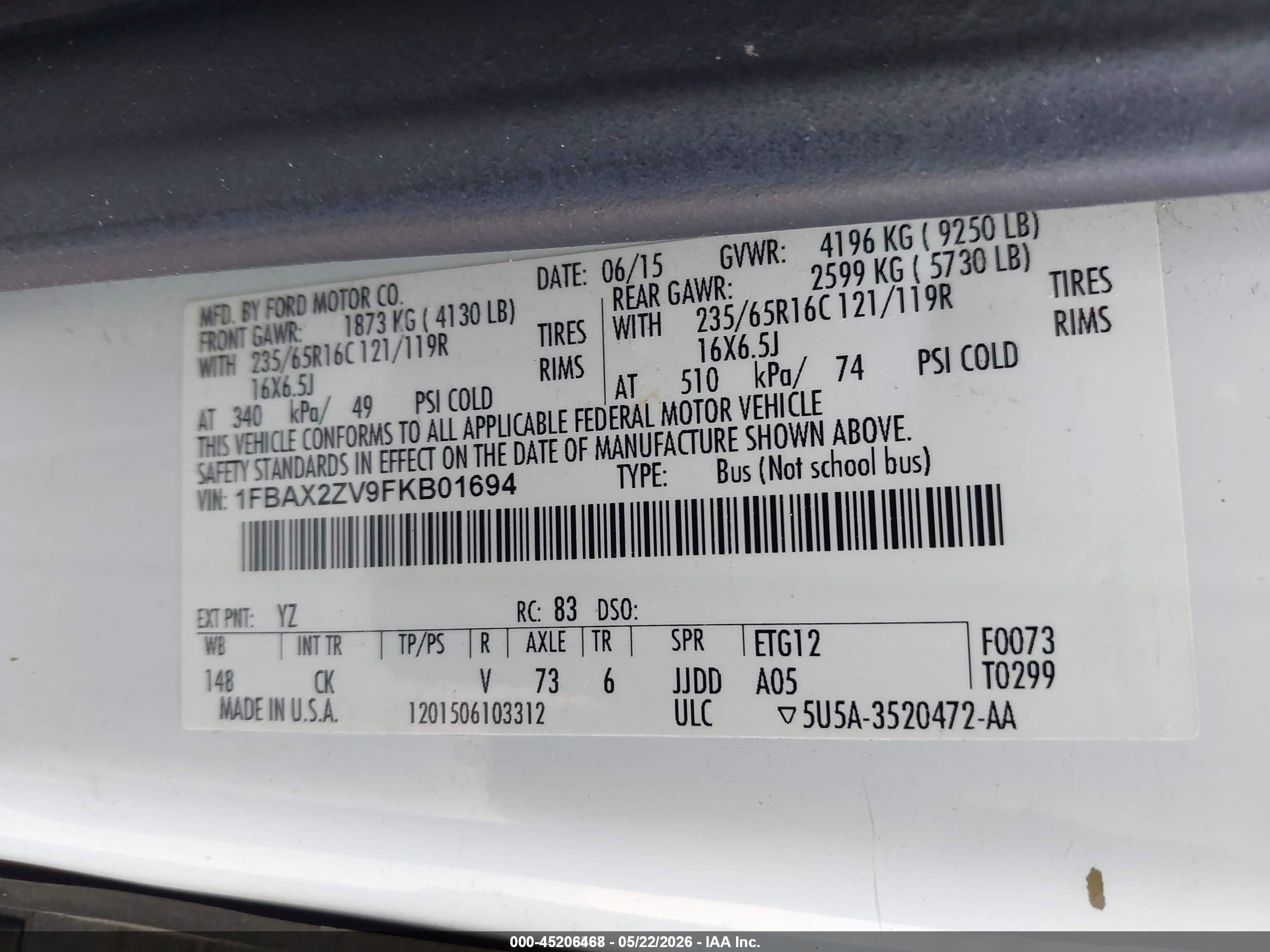2015 Ford Transit-350 Xlt White vin: 1FBAX2ZV9FKB01694