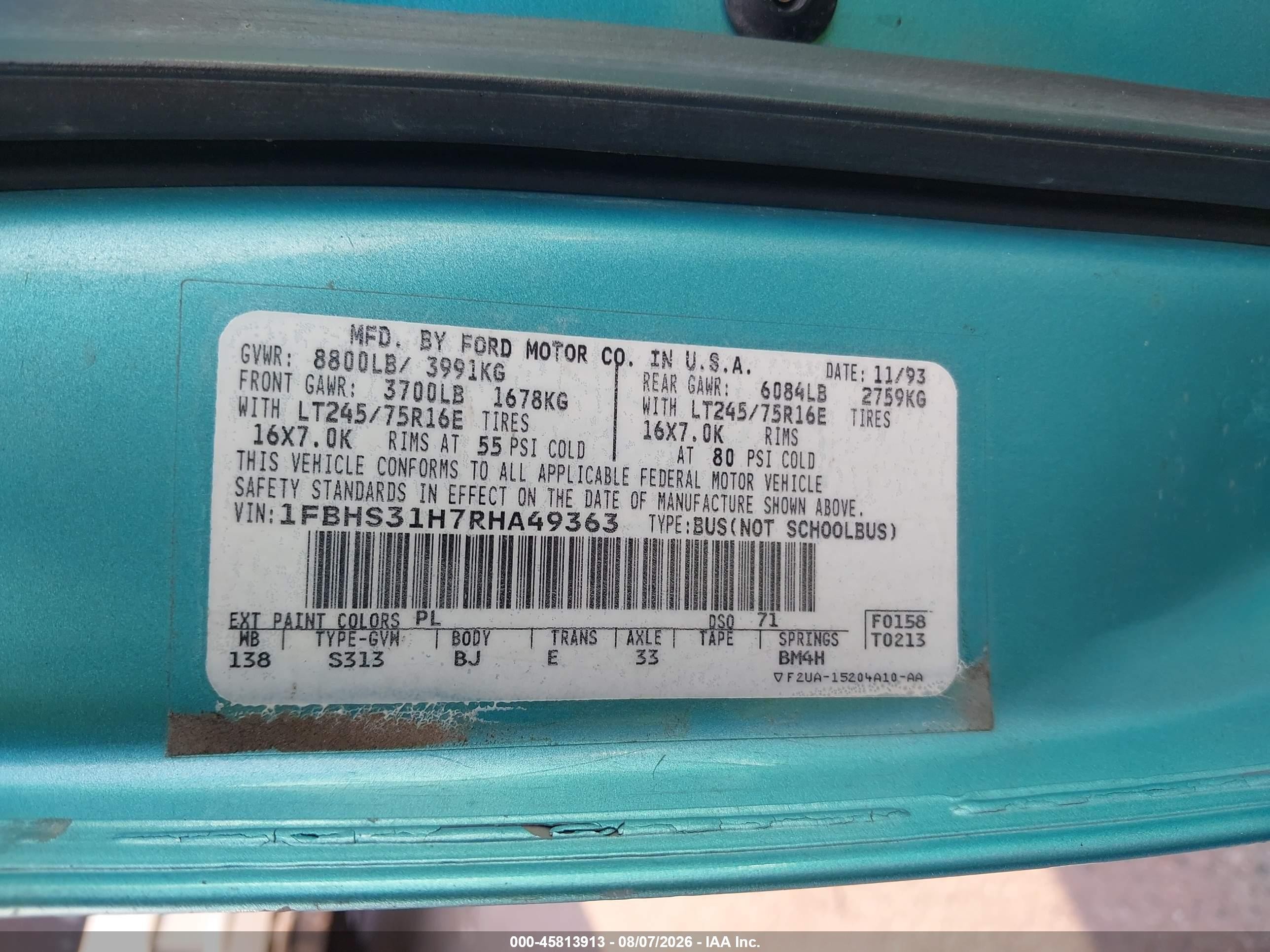 1994 Ford Econoline E350 Super Duty Green vin: 1FBHS31H7RHA49363
