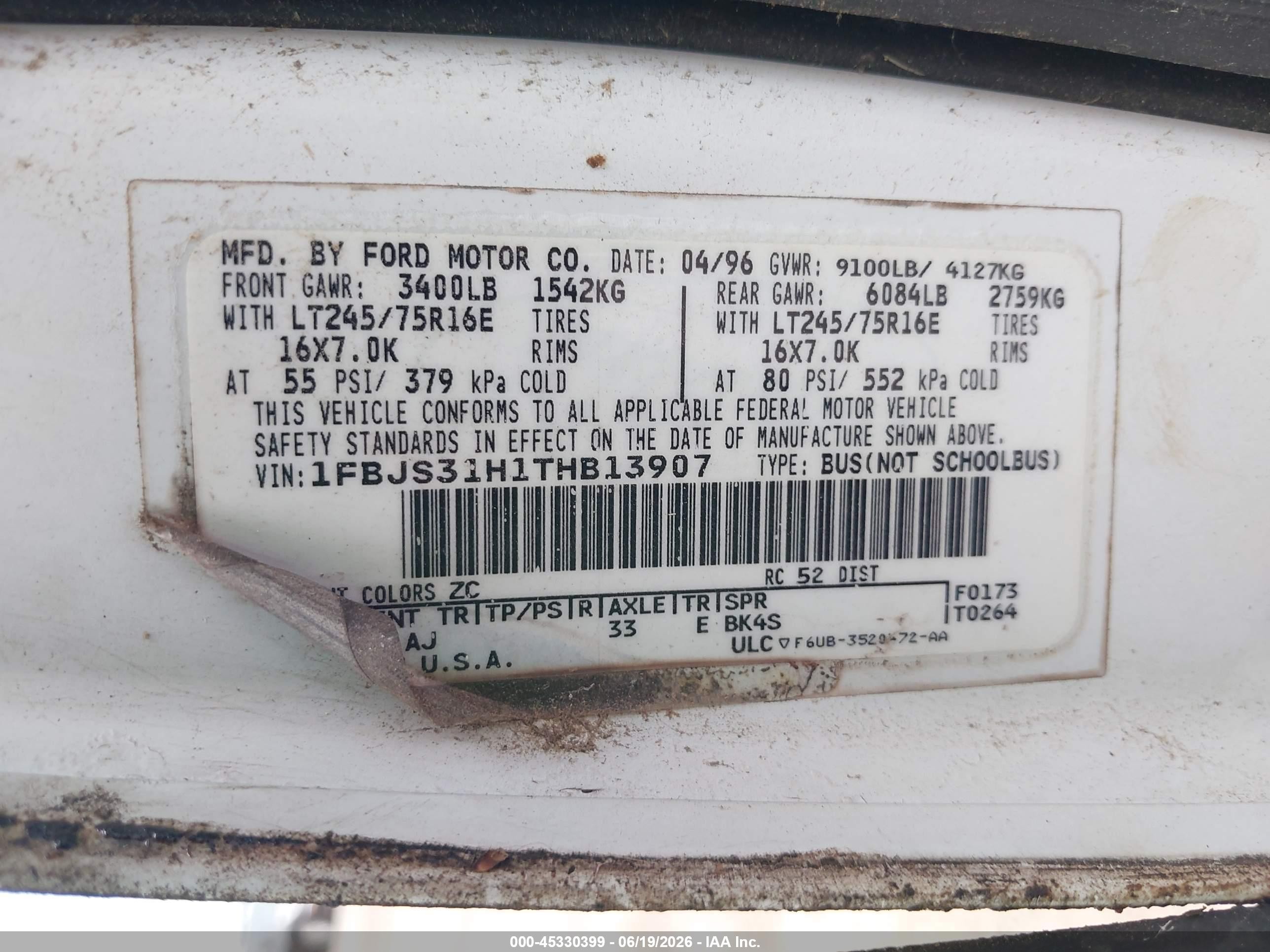 1996 Ford Econoline E350 Super Duty White vin: 1FBJS31H1THB13907