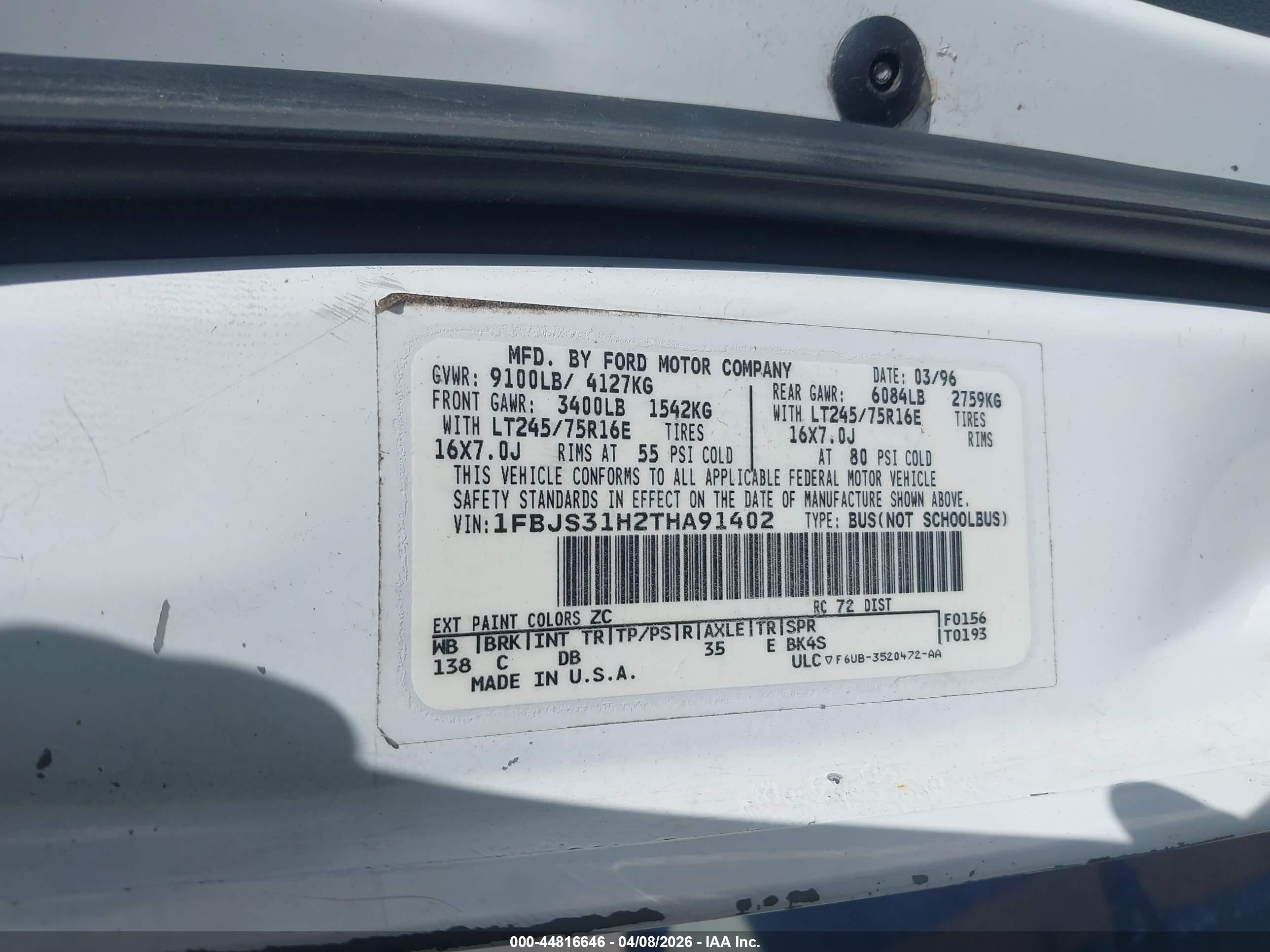 1996 Ford Econoline E350 Super Duty White vin: 1FBJS31H2THA91402