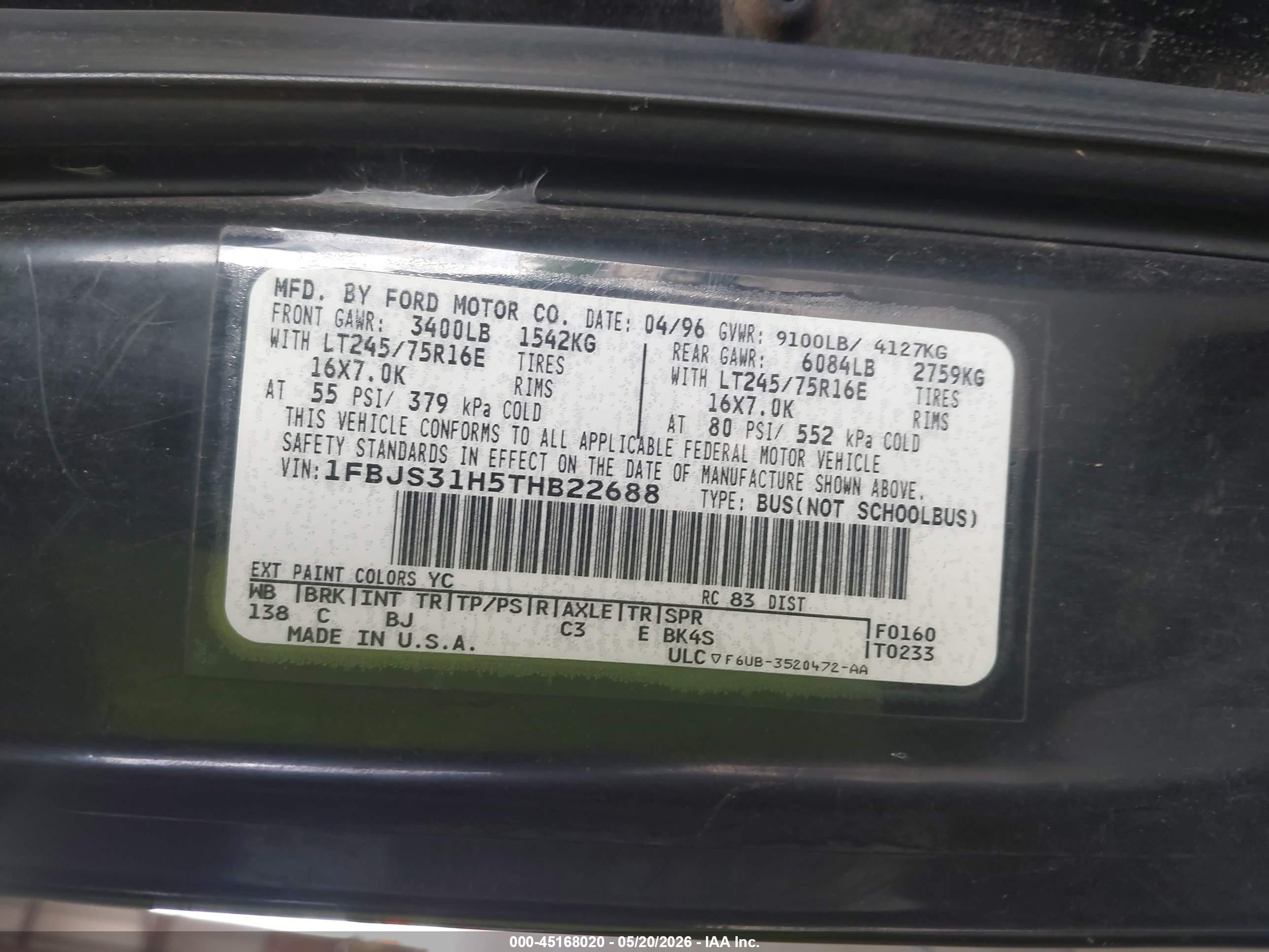 1996 Ford Econoline E350 Super Duty Black vin: 1FBJS31H5THB22688