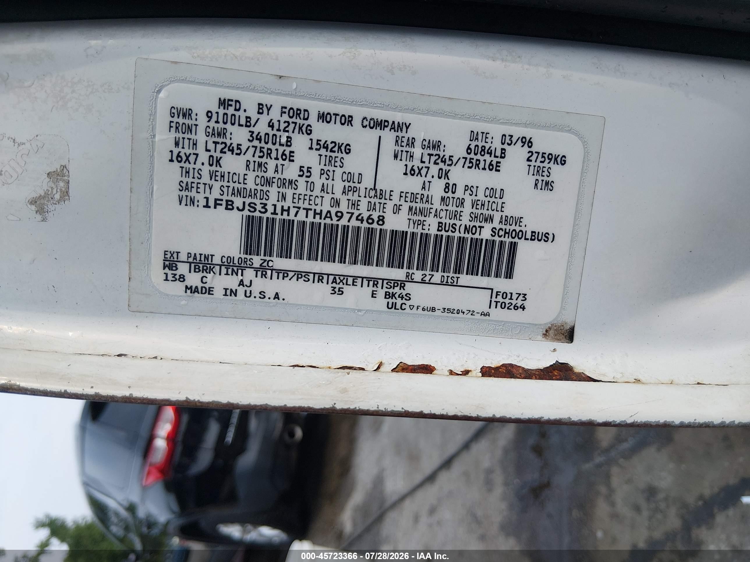 1996 Ford Econoline E350 Super Duty White vin: 1FBJS31H7THA97468