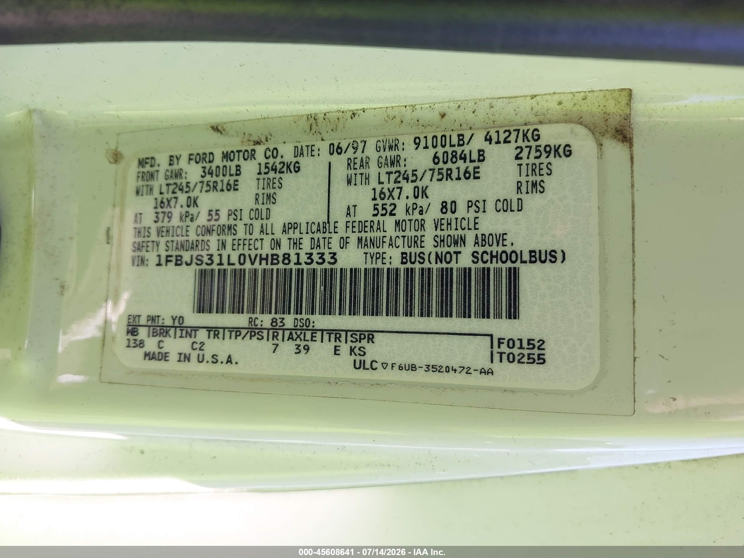 1997 Ford Club Wagon Xl/xlt White vin: 1FBJS31L0VHB81333
