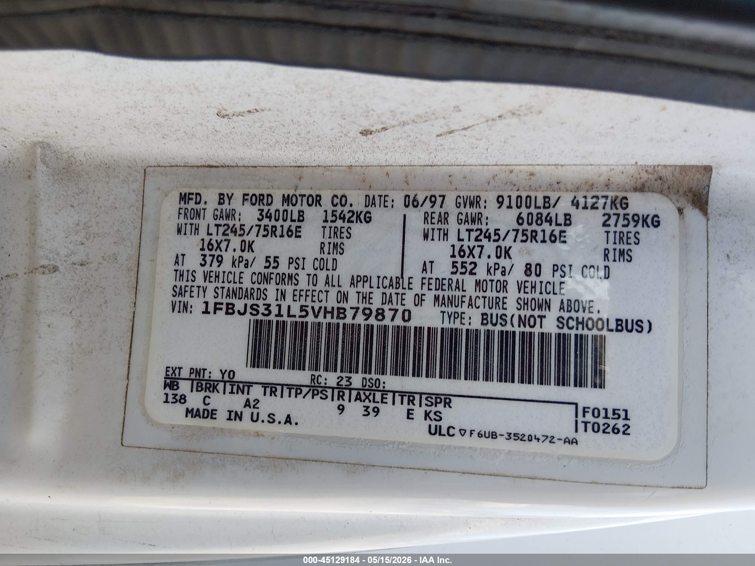 1997 Ford Club Wagon Xl/xlt White vin: 1FBJS31L5VHB79870