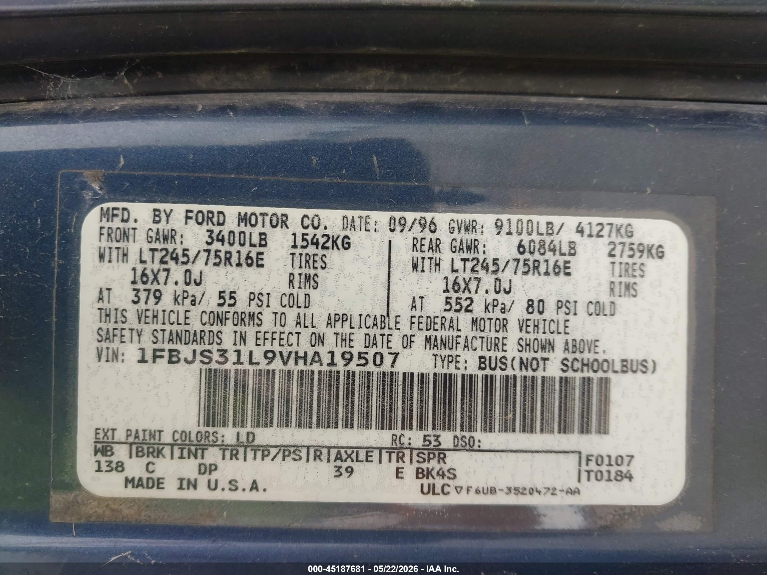 1997 Ford Club Wagon Xl/xlt Blue vin: 1FBJS31L9VHA19507