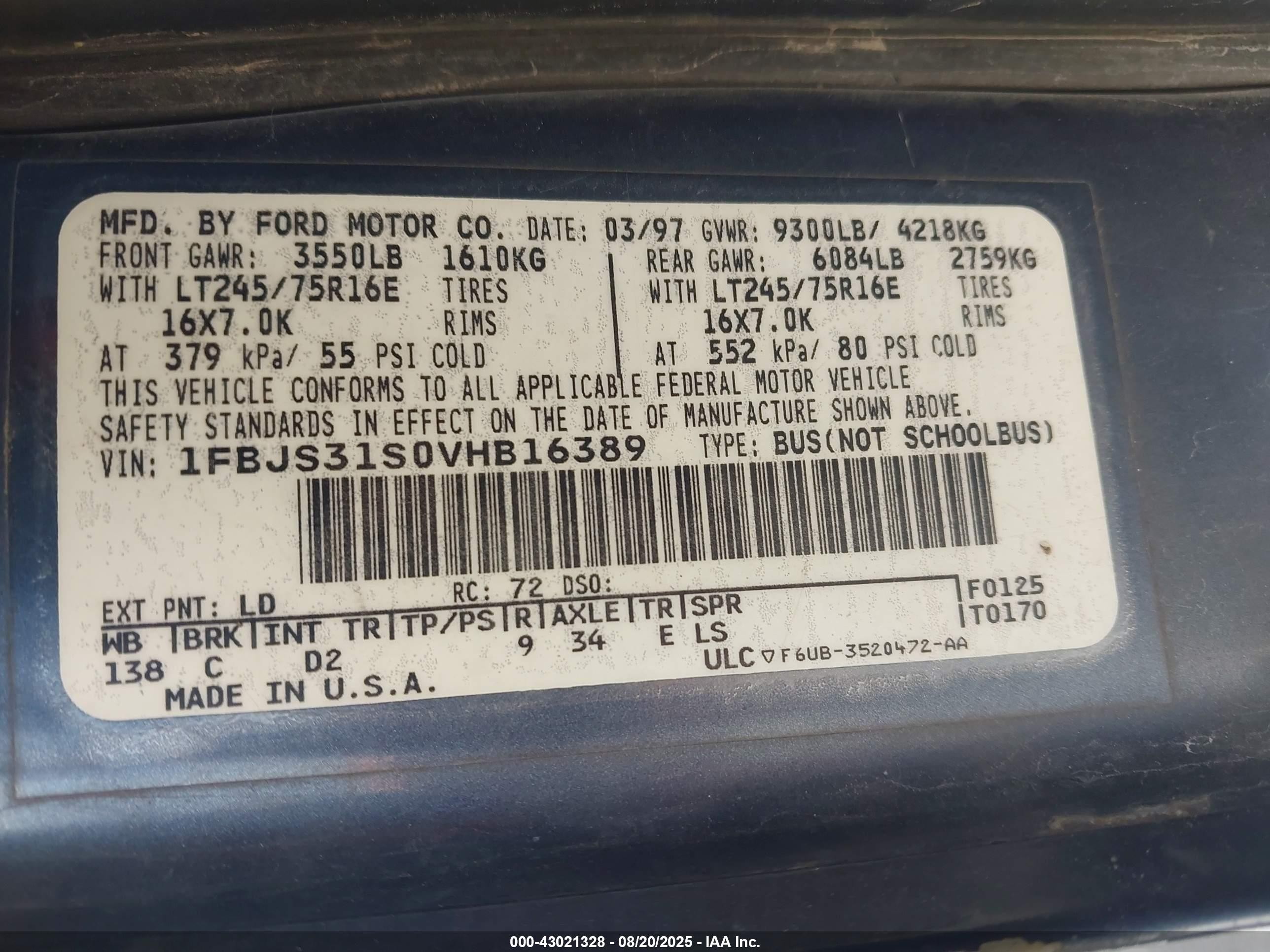1997 Ford Club Wagon Xl/xlt Blue vin: 1FBJS31S0VHB16389