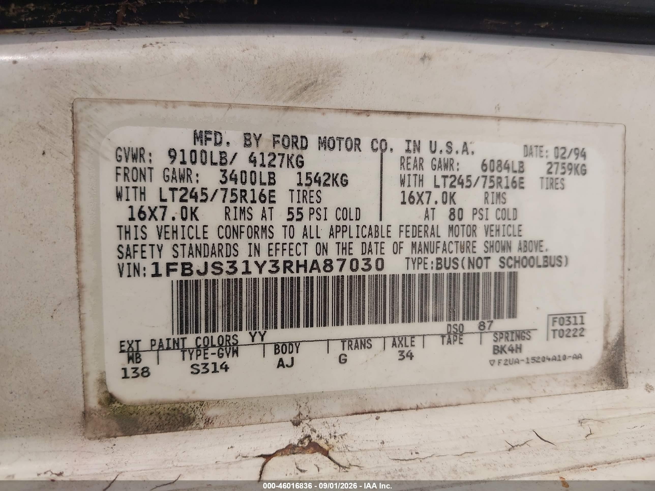 1994 Ford Econoline E350 Super Duty White vin: 1FBJS31Y3RHA87030