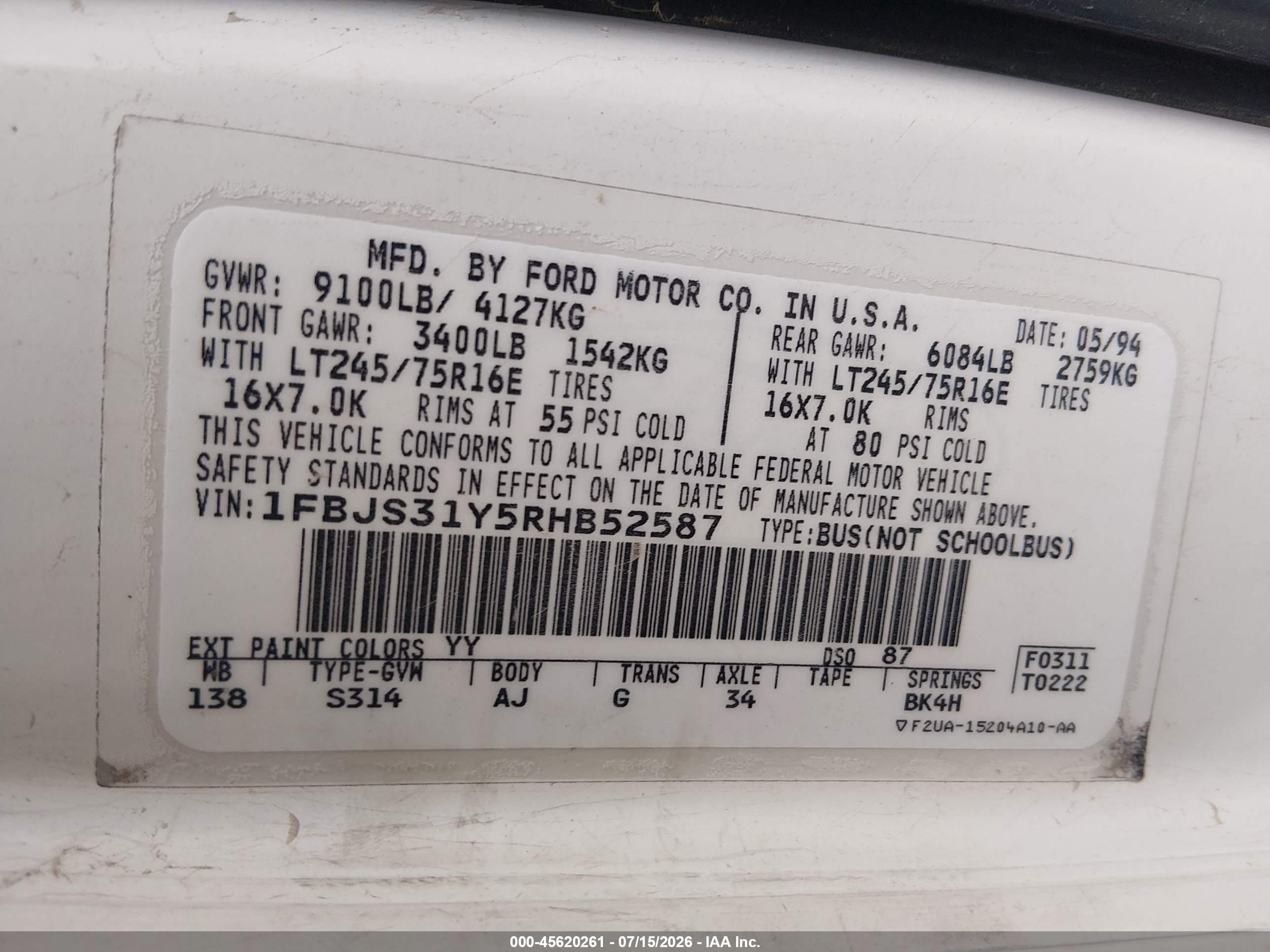 1994 Ford Econoline E350 Super Duty Cream vin: 1FBJS31Y5RHB52587