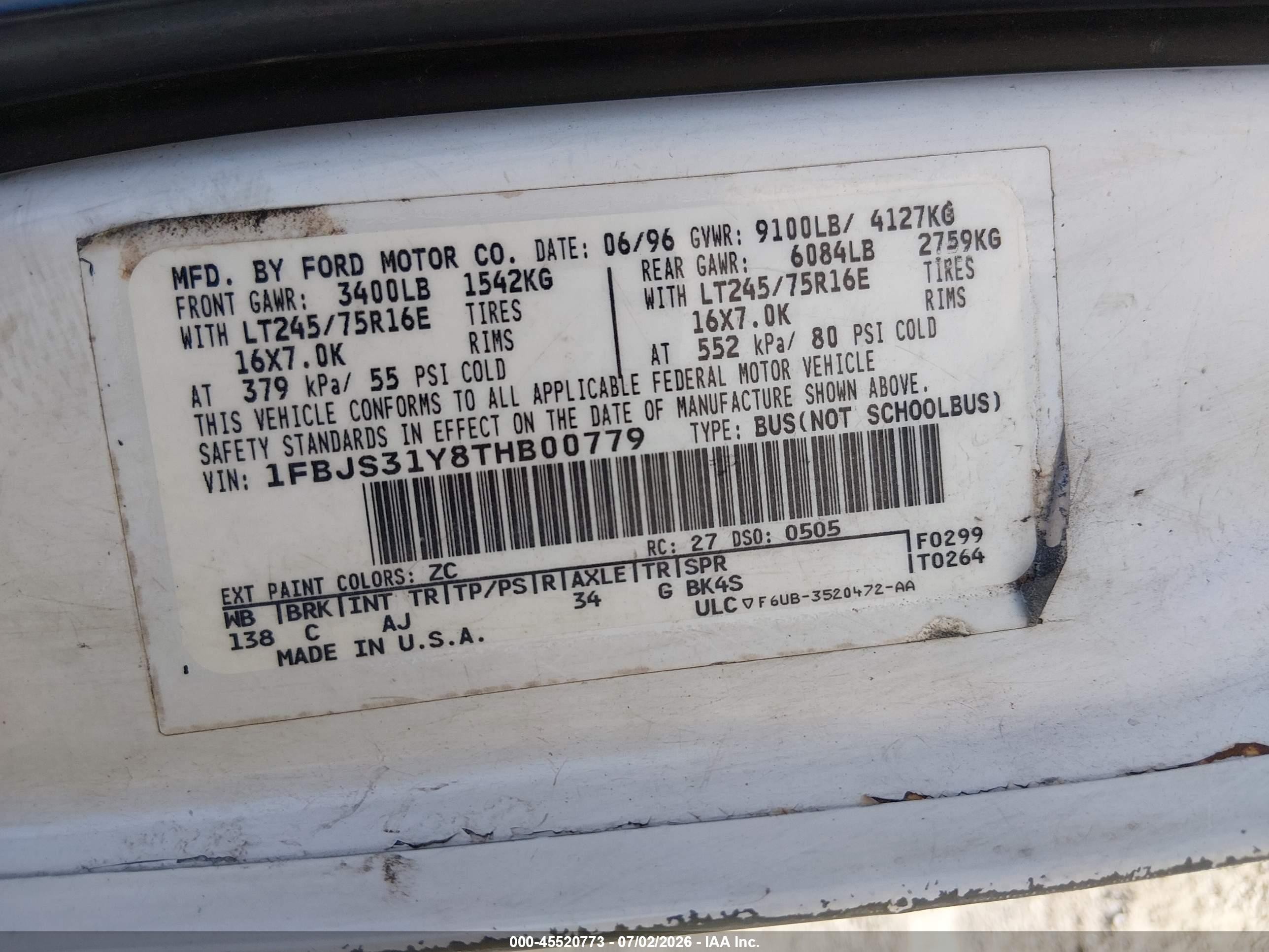 1996 Ford Econoline E350 Super Duty White vin: 1FBJS31Y8THB00779