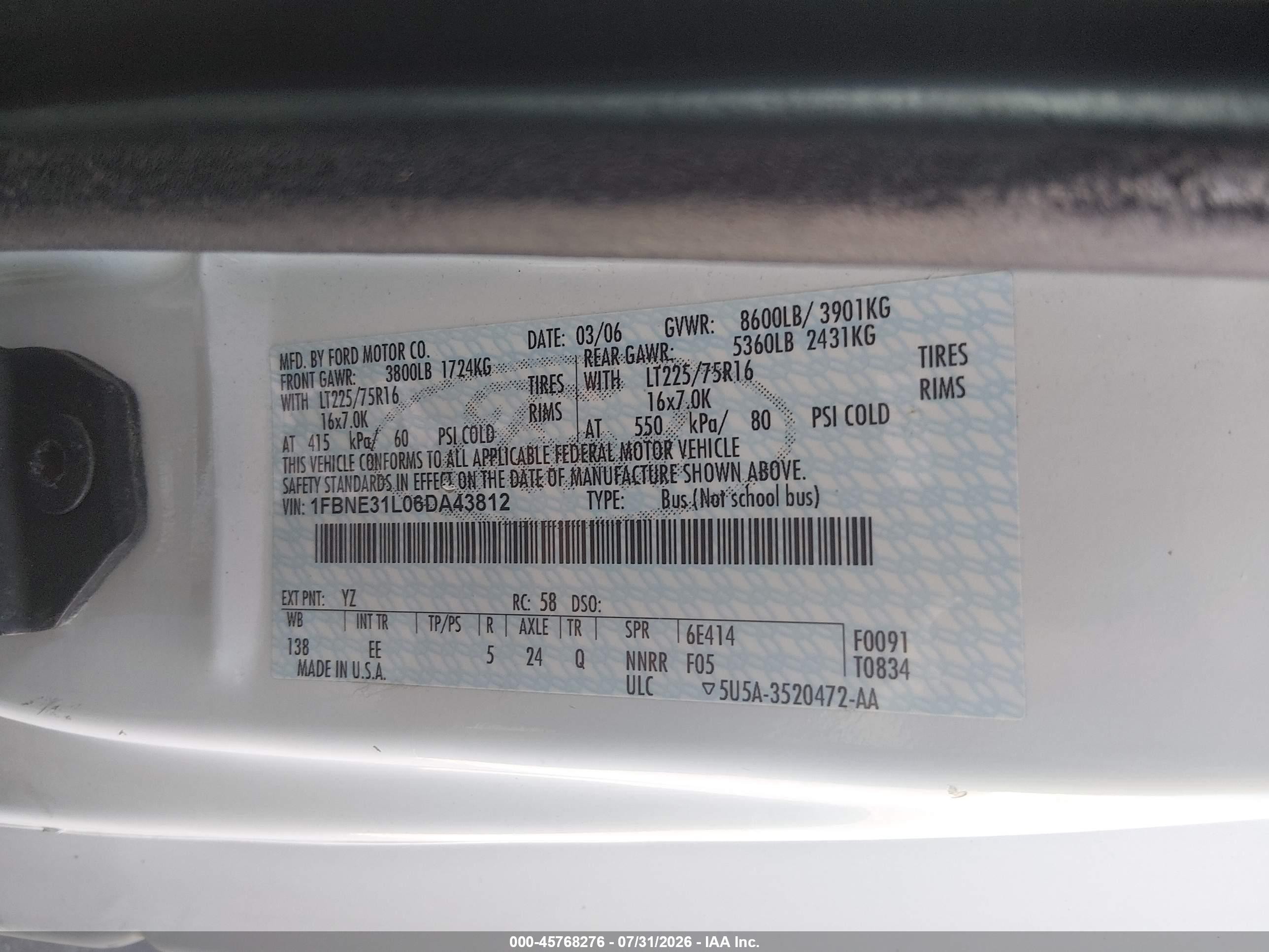 2006 Ford E-350 Super Duty Chateau/xl/xlt White vin: 1FBNE31L06DA43812